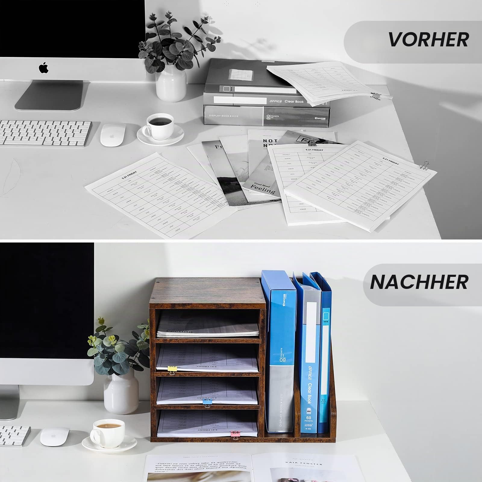 PAG 6 Fächer Große Kapazität Schreibtisch Organizer Holz Ordner Organizer Zeitschriftenhalter,Brief Papier Organiser Geeignet für Büros/Schulen/Haushalte, Braun.