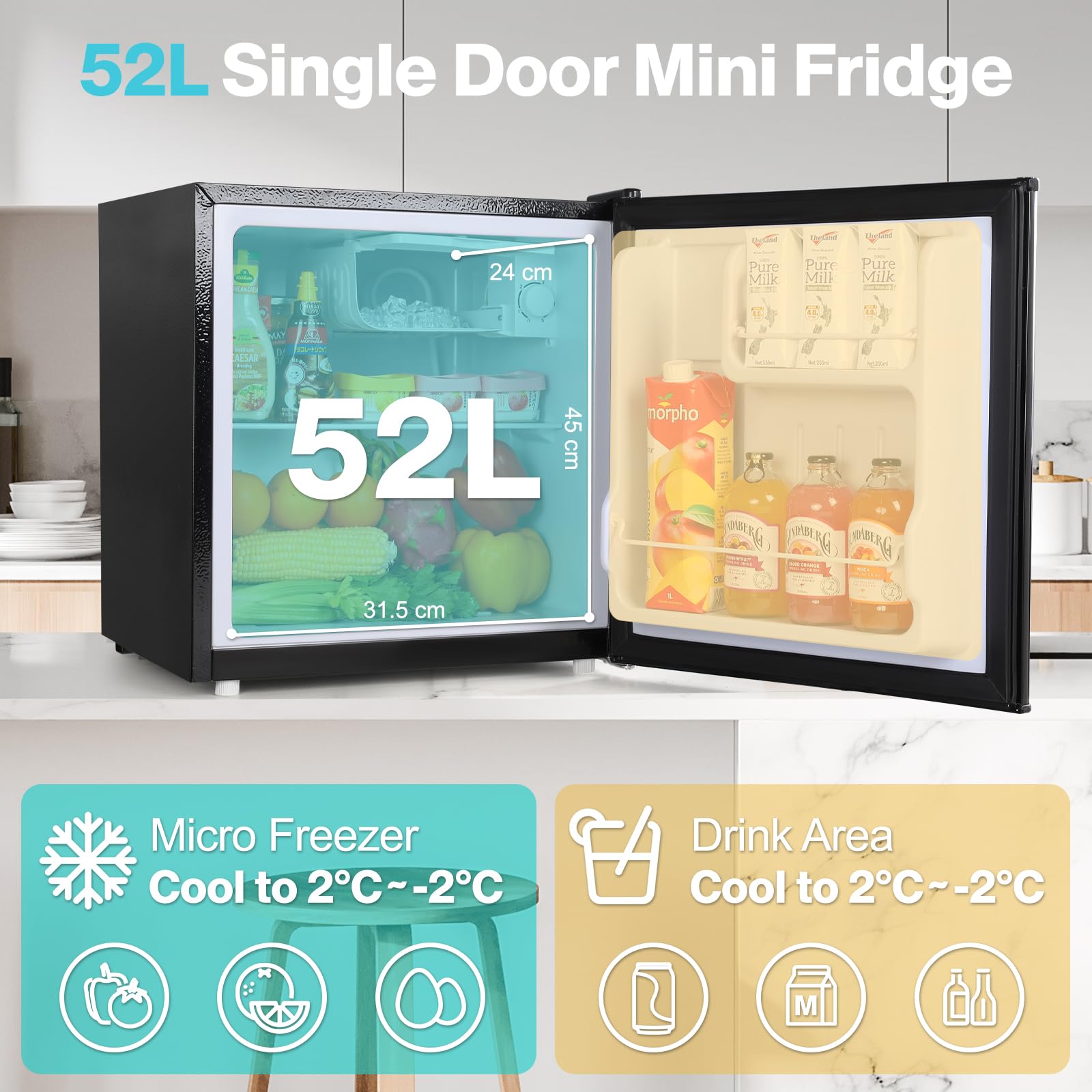 YASHE 52L Mini Fridge Freezer, Table Top Fridge, Single Door Compact Refrigerator, Adjustable Thermostat, Large Capacity, Reversible Door, Refrigerators for Bedroom, Offices, Dorm, Apartment — view 3