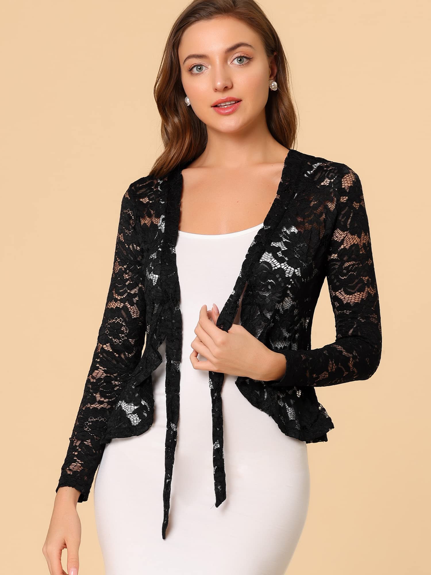 Allegra K Damen Spitzenbolero Langarm Bolero Durchsichtig Rüschensaum Crop Blumen Shrug