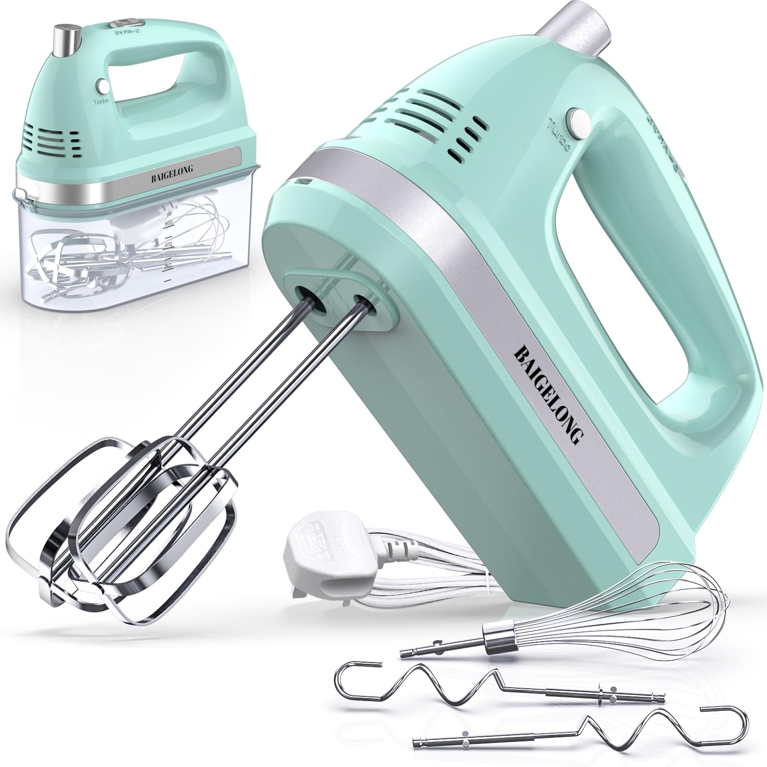 BAIGELONG Hand Electric Mixer, 300W Ultra Power Food Kitchen Mixer with 5 Self-Control Speeds + Turbo Boost, 5 Stainless Steel Attachments Handheld Blender for Baking, GREEN