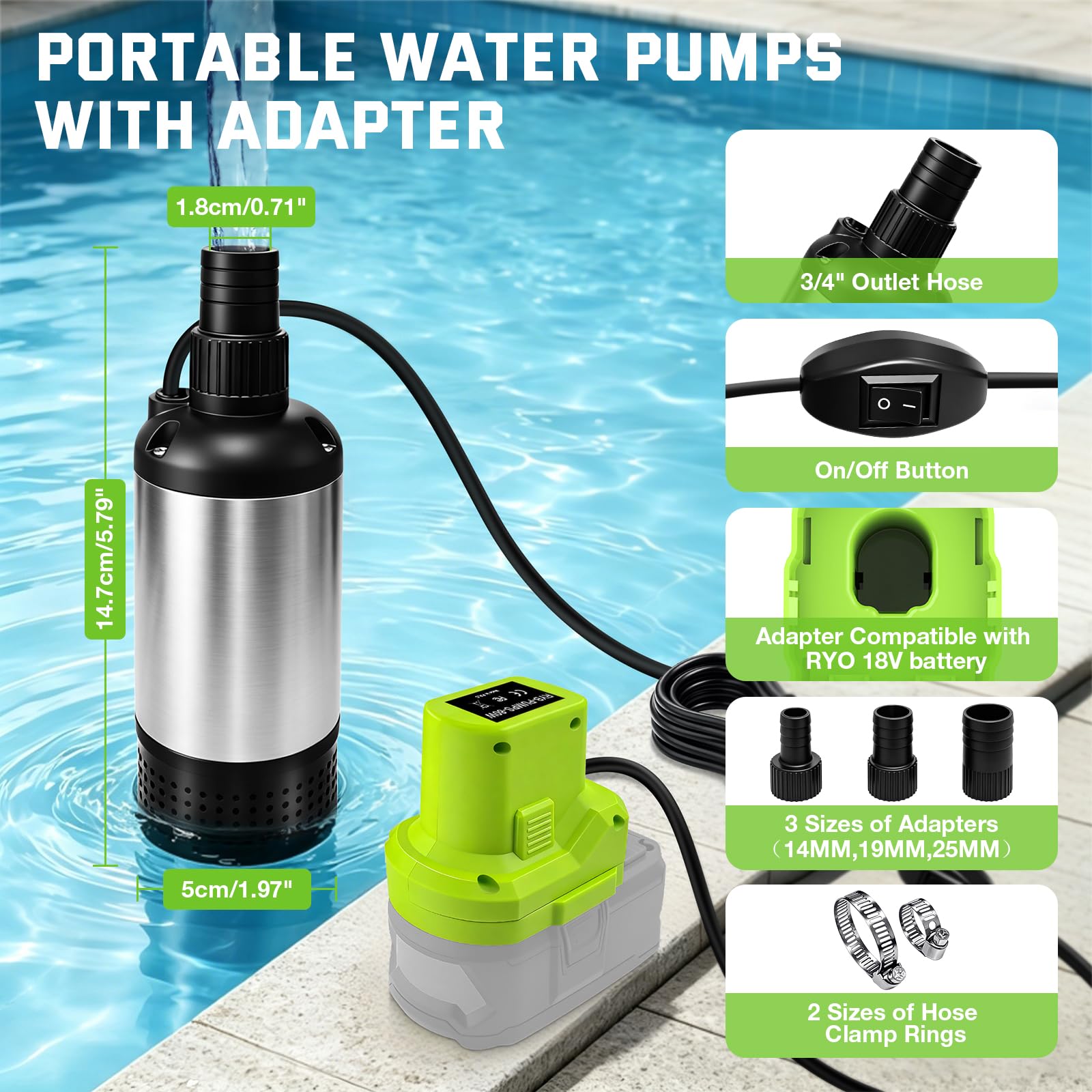 Wasserpumpe für Ryobi 18V Akku,792GPH Bürstenlose Tauchpumpe Schmutzwasserpumpe Saugpumpe Absaugpumpe,für Poolpumpen, Gartenbewässerung, Autowäsche, Pfütze, Camping, Keller(KEIN Akku)