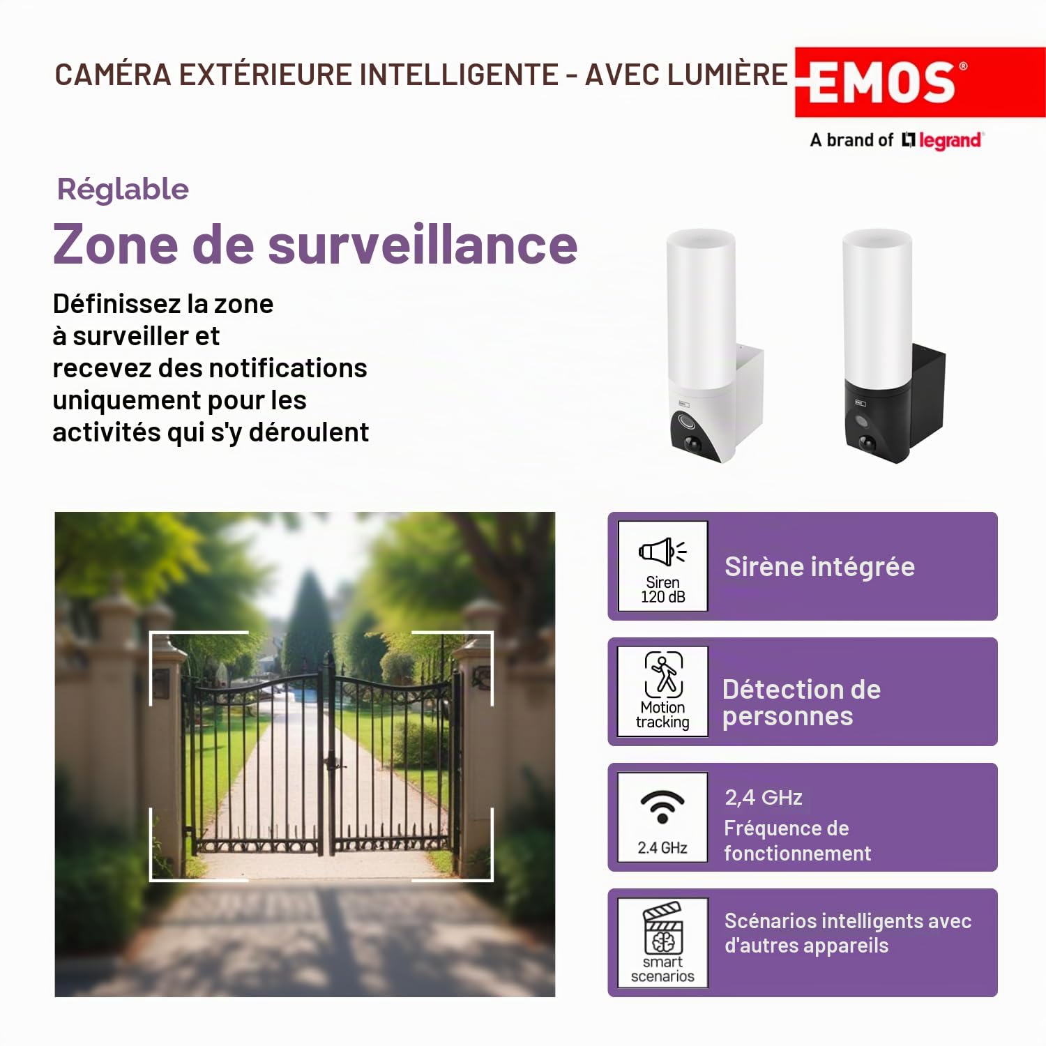 EMOS GoSmart - Caméra de Surveillance d'extérieur Smart Home avec lumière - Caméra IP Wi-FI rotative 3 MP avec Application - Vision Nocturne et sirène - Compatible avec Google Assistant et Alexa