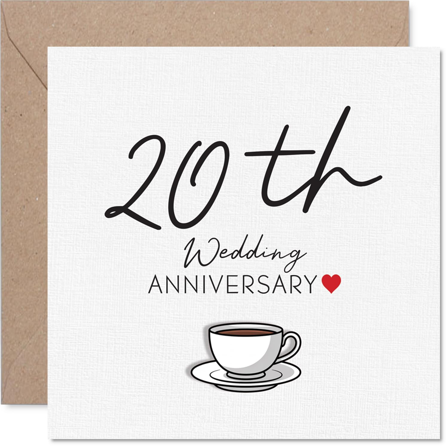 Sentimental 20th Anniversary Card - Warm Wishes Brewed with Love - Coffee Cup Motif and Red Heart Detail for a 20th Anniversary - 145mm Square, Envelope Included