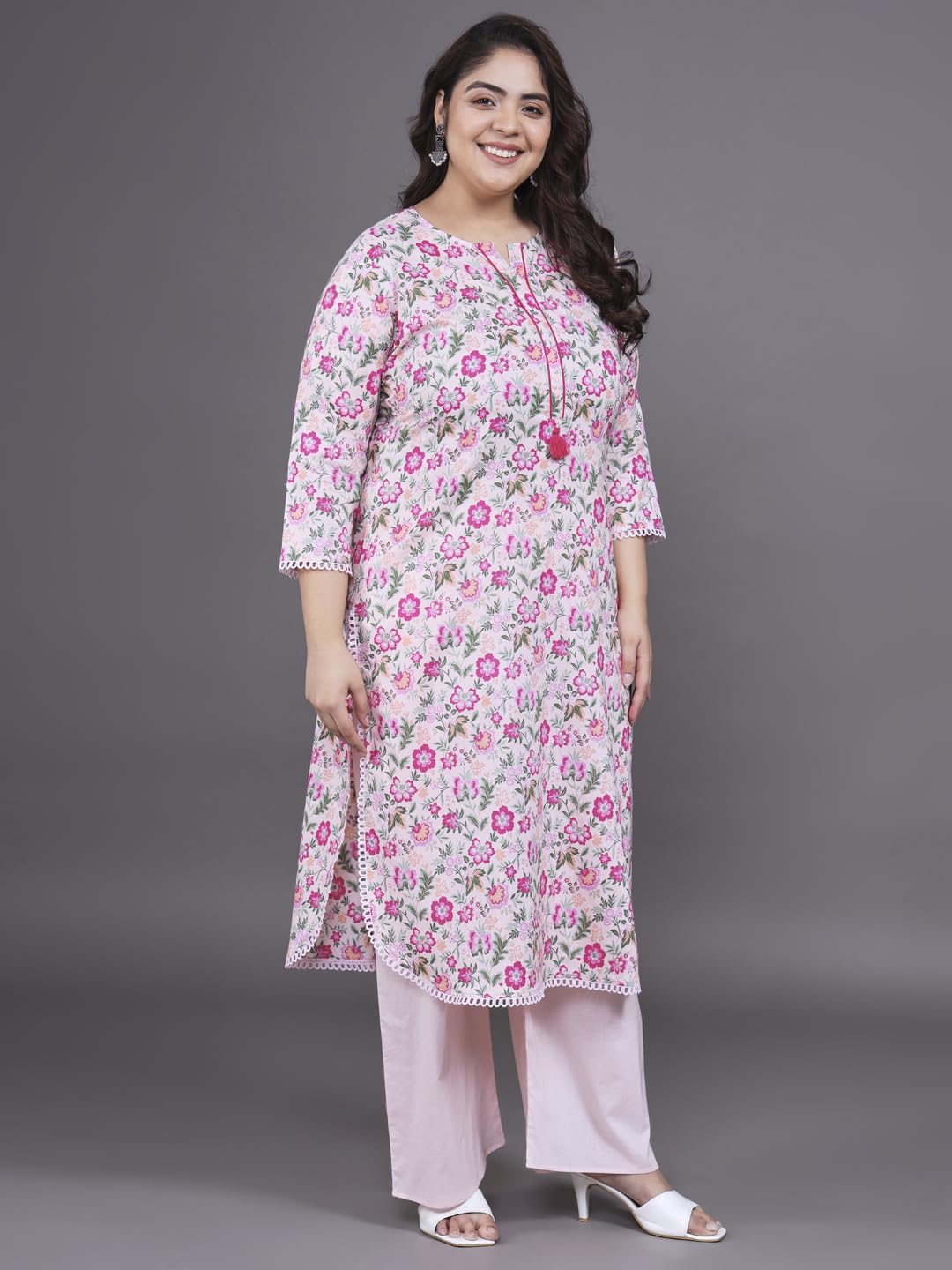 Tissu Women's Plus Size Pink Floral Printed Pure Cotton Kurta & Palazzo With Dupatta (T_684_Pink_5Xl)