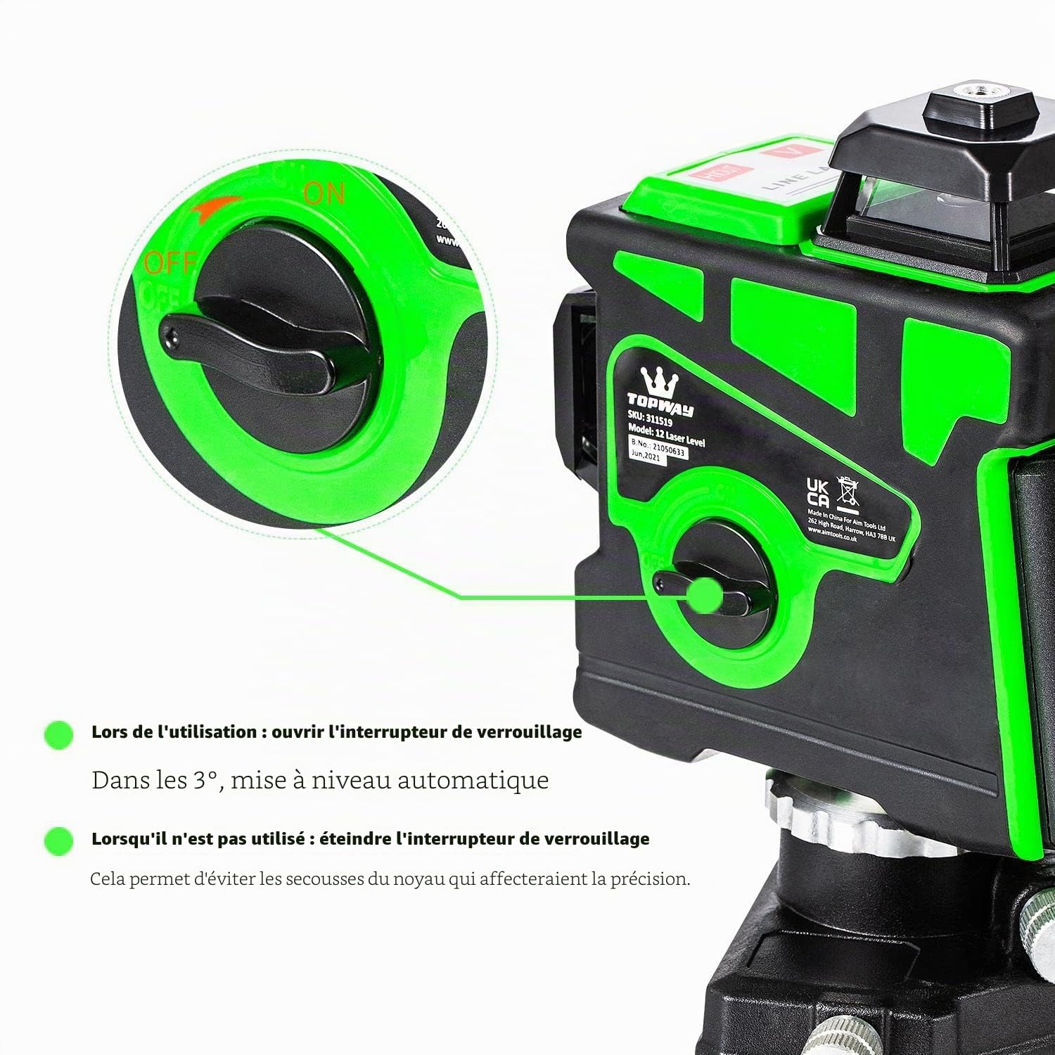 TOPWAY Niveau Laser 3D 12 Lignes, 3x360 Degrés Ligne Croix Verte Outil Laser Autonivelant pour Sol avec Mode Impulsion et Verrouillage Pendulaire pour Intérieur et Extérieur, 1 Pile incluse