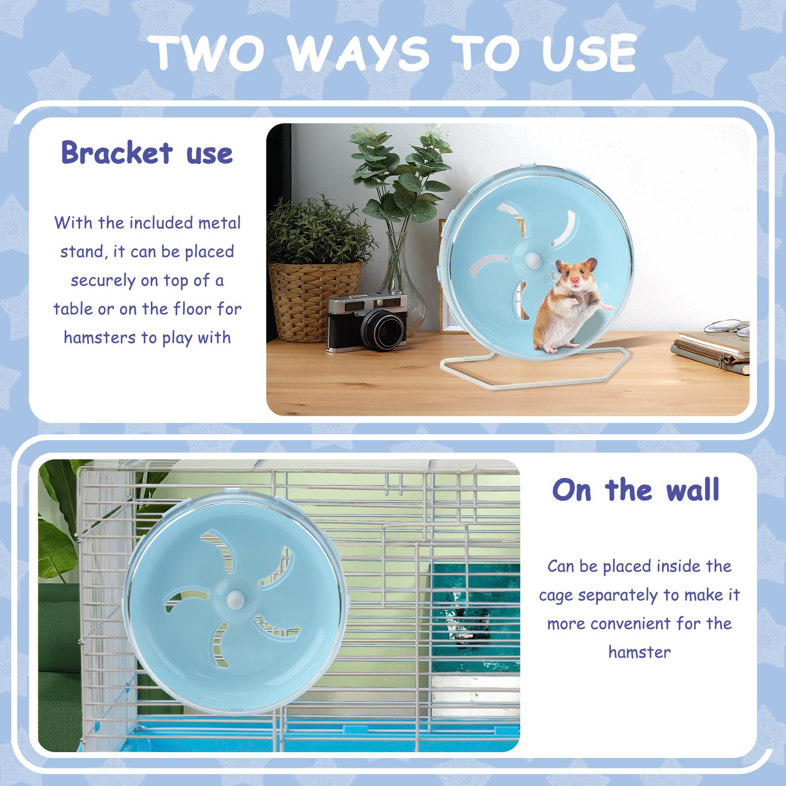 Roue silencieuse pour hamster bleue de 21,3 cm avec support réglable en hauteur, roues d'exercice silencieuses pour hamster, chinchilla, jouets de course pour petits animaux, accessoires de cage pour