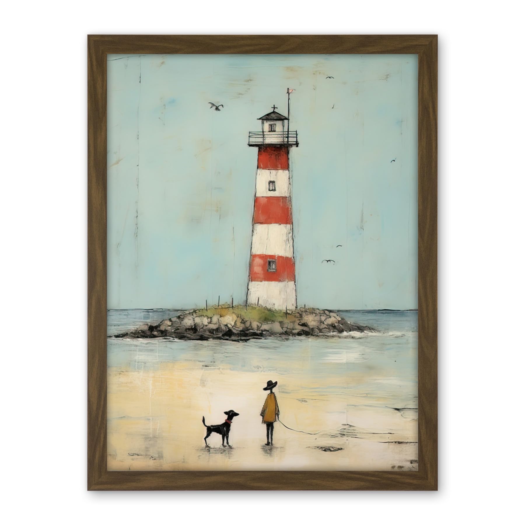 Artery8 Lighthouse Pastel Colour Painting Bathroom Artwork Red Blue Ochre Boy and Pet Dog Beach Walk Artwork Framed Wall Art Print 18X24 Inch