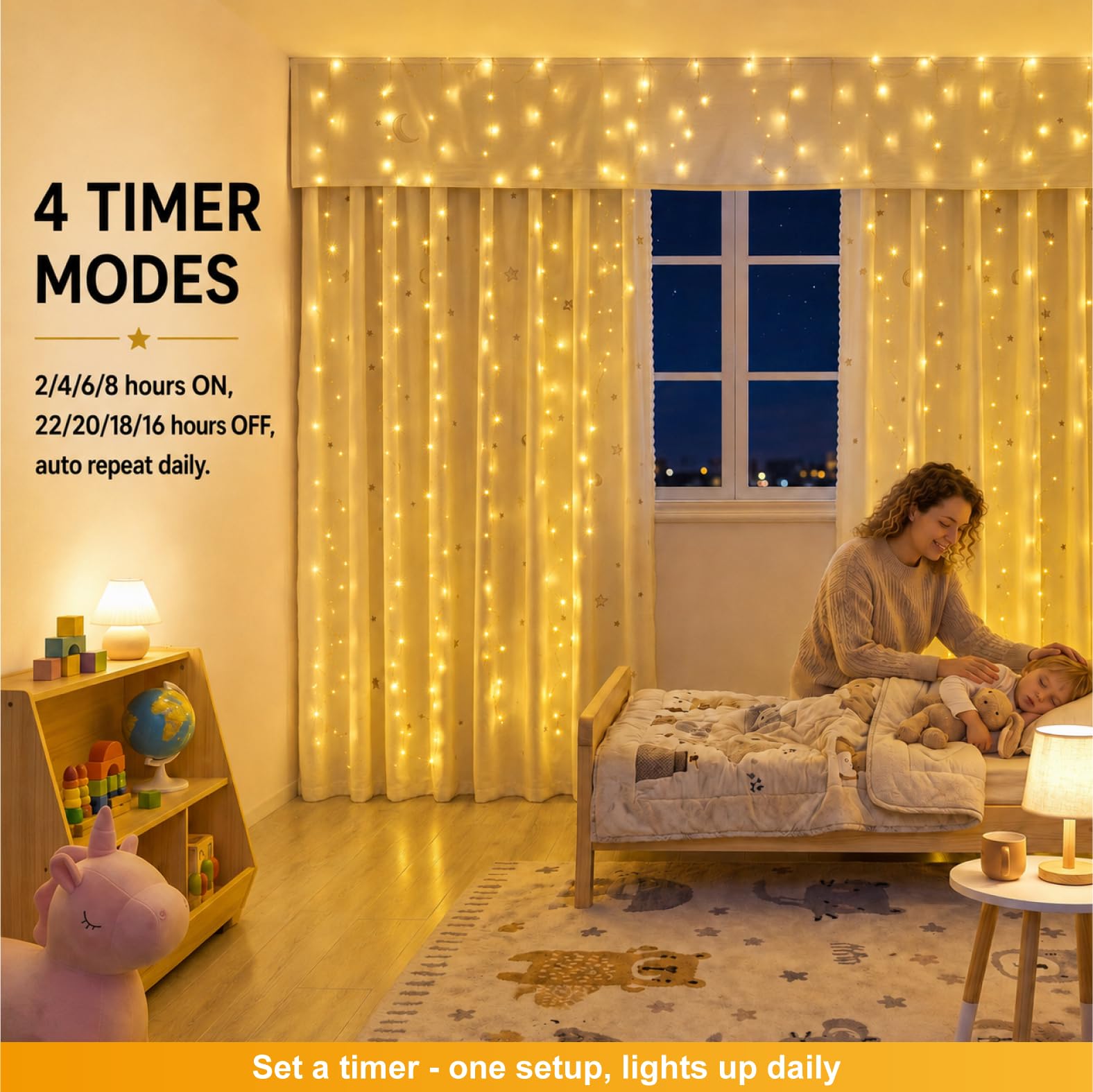 Cortina de luz blanca para dormitorio, 300 LED de 1010 pies con 16 ganchos, 8 modelos de mando a distancia, ventana con USB para decoración de boda, fiesta, hogar, jardín, interior
