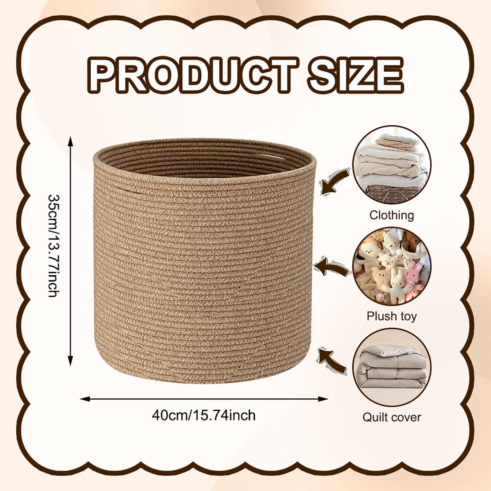 LUPATDY Cestino Portaoggetti in Corda di Cotone, Cesto Portabiancheria 40x35 cm con Manici, Cesto Organizzatore per Giocattoli, Abiti, Coperte, per Nursery, Soggiorno, Camera da Letto (Caramello) - 2