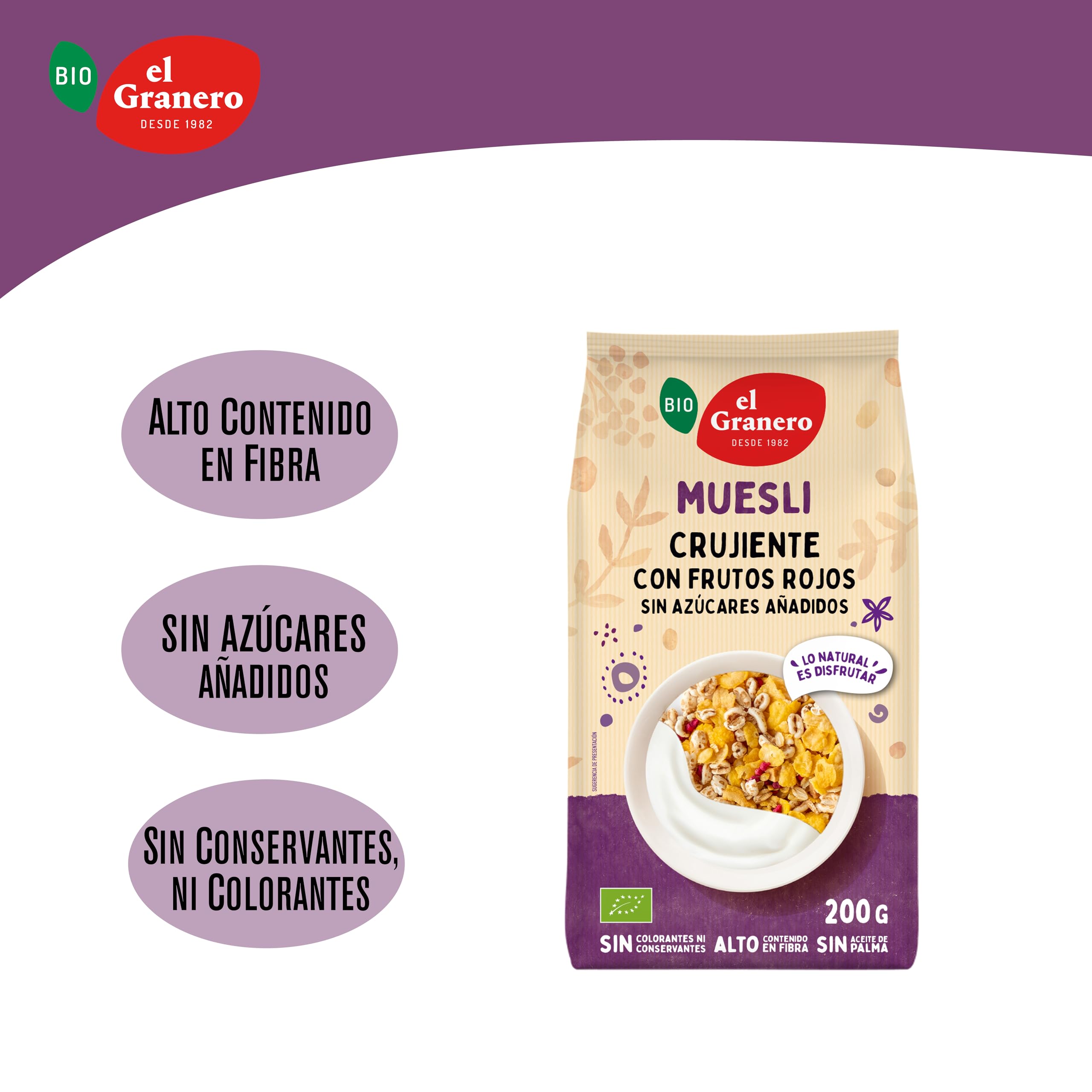EL GRANERO INTEGRAL Muesli Crujiente Con Frutos Rojos Bio, 200 g Gran Fuente de Energía - Alto Contenido en Fibra - Ideal para el Desayuno - Apto Para Veganos