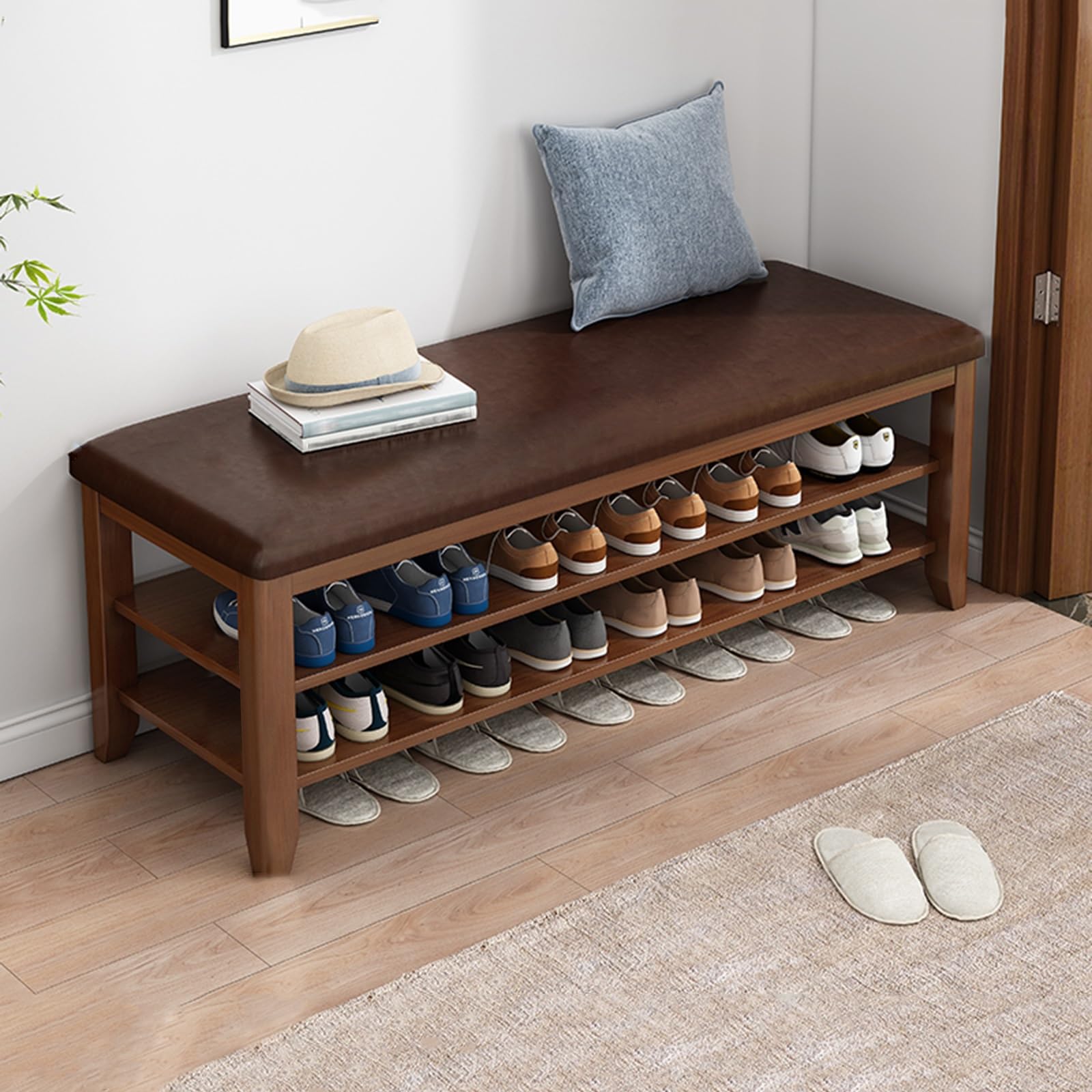 Banc à chaussures en bois pour entrée accueillante et couloir rangé