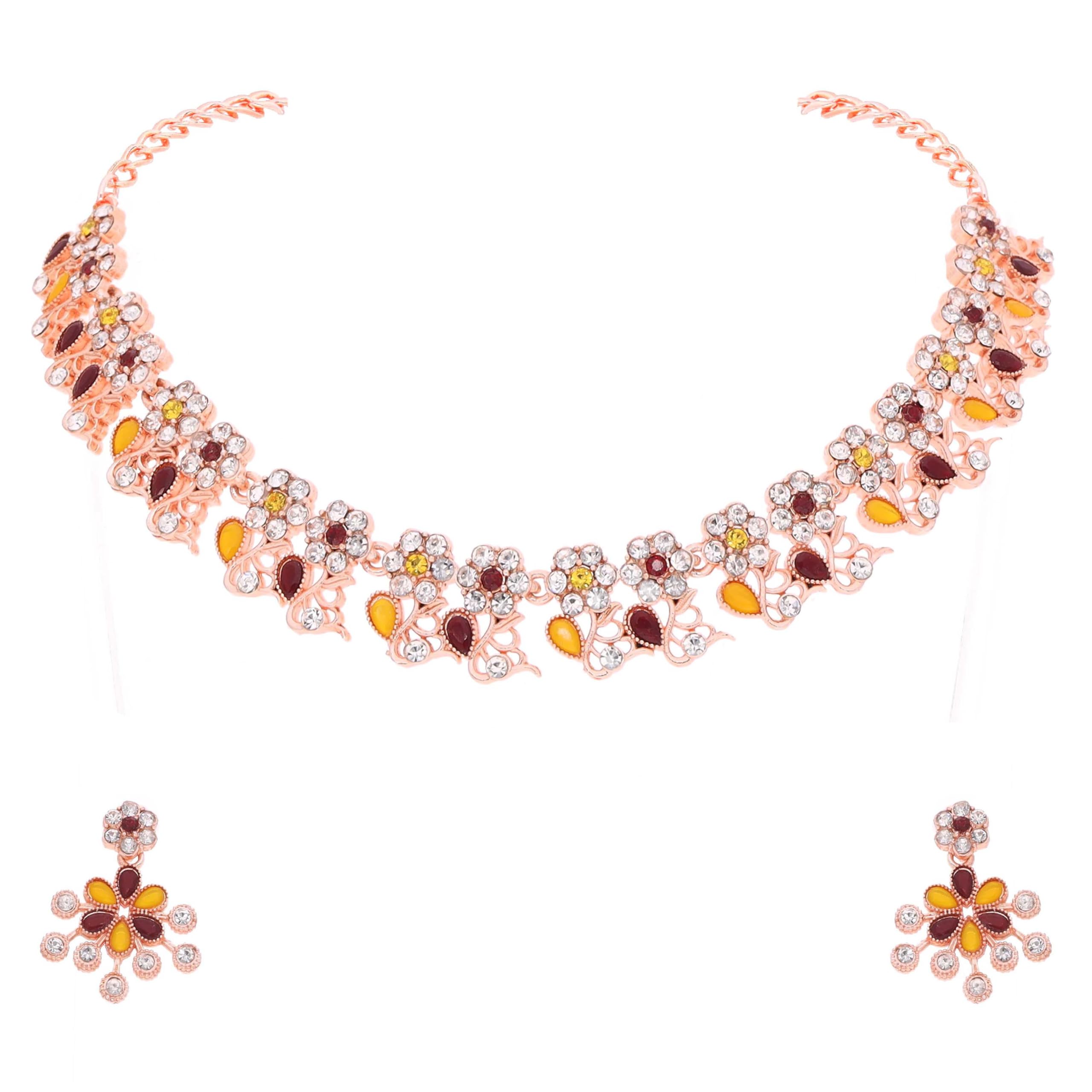 Brado Jewellery Rosegold Polish American Diamond Studded Handcrafted Choker Necklace Jewellery set with Matching Drop Earrings (Maroon & Yellow) (B0D813NCZT) Amazon Price History, Amazon Price Tracker