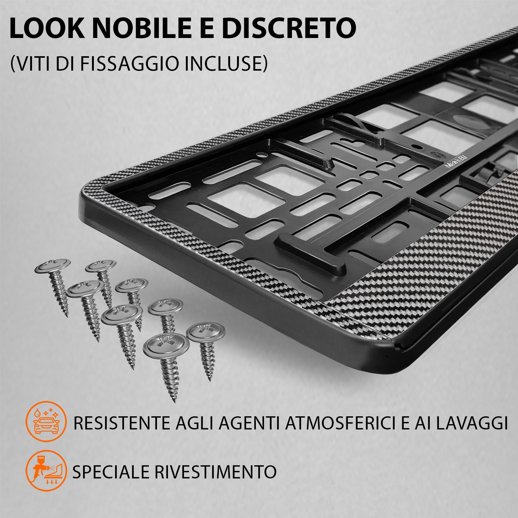 Portatarga Auto - Supporto Targa - [semplice, durevole e sicuro] - 8 viti - 520x110 mm - Carbonio effetto - Porta Targa - adatto a qualsiasi auto - per targhe italiane omologate - Fissaggio per Targa