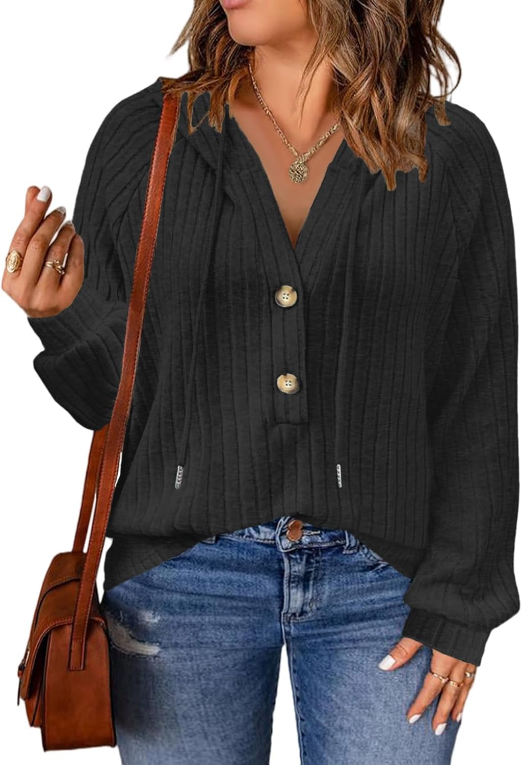 VISLILY Womens-Plus-Size-Hoodies Button V Neck Lightweight Knit Sweaters Casual Long Sleeve Tops Drawstring Hooded Sweatshirt - Image 2