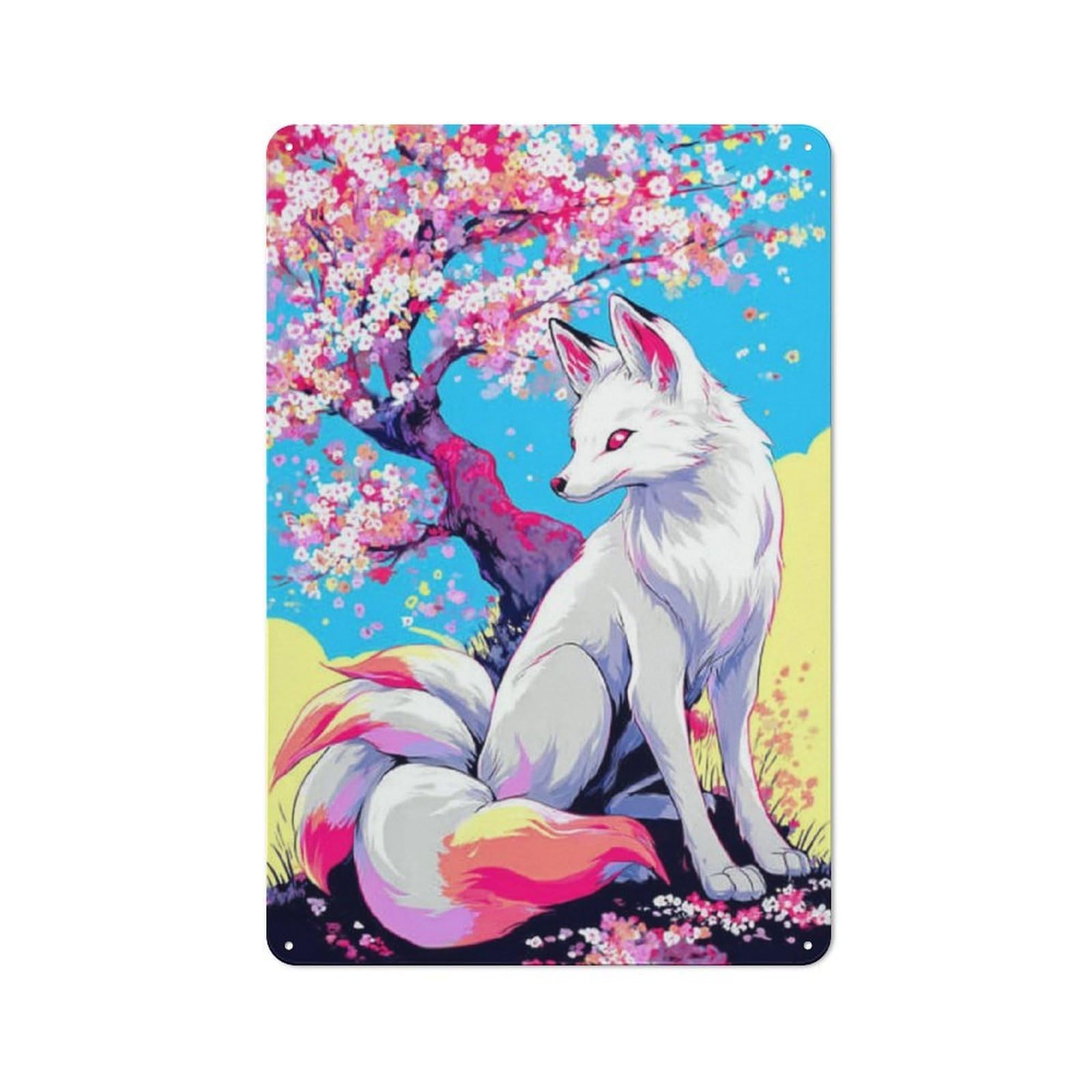 Junmoney Cherry Blossom Fox Fantasy Art Print Metal Wall Sign 30X20cm Featuring For Garage Or Workshop, For Vintage Wall Decor Fans, For Metal Sign Collectors