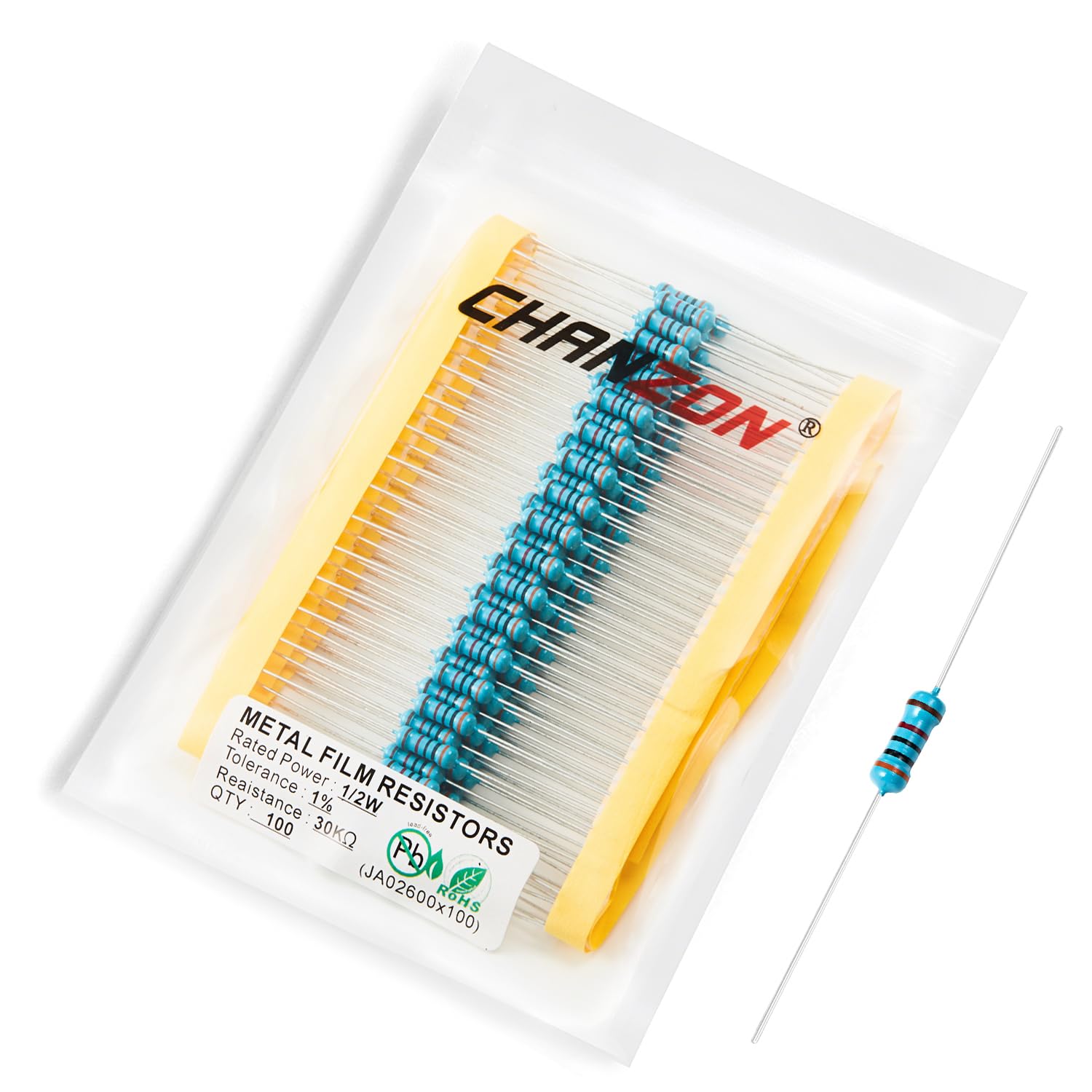 Chanzon 100pcs 1/2W (0.5W)30KΩ ohm Metal Film Fixed Resistor 0.01 ±1% Tolerance 30K R MF Through Hole Resistors Current Limiting Rohs Certificated