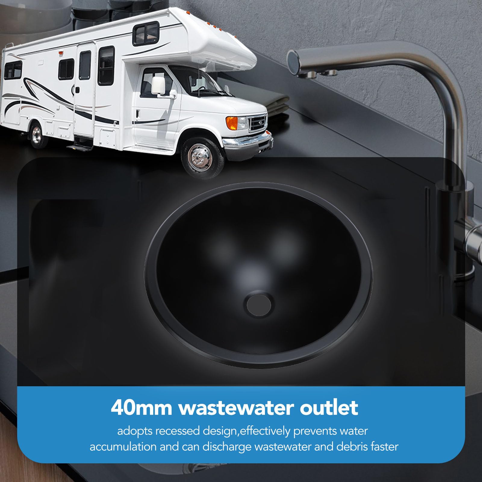 Évier Rond pour Camping-car en Acier Inoxydable, Petit évier de Cuisine Rond Noir pour Camping-car de 12, 5,9 de Profondeur, Évier de Barre de Cuisine pour Cuve Unique,