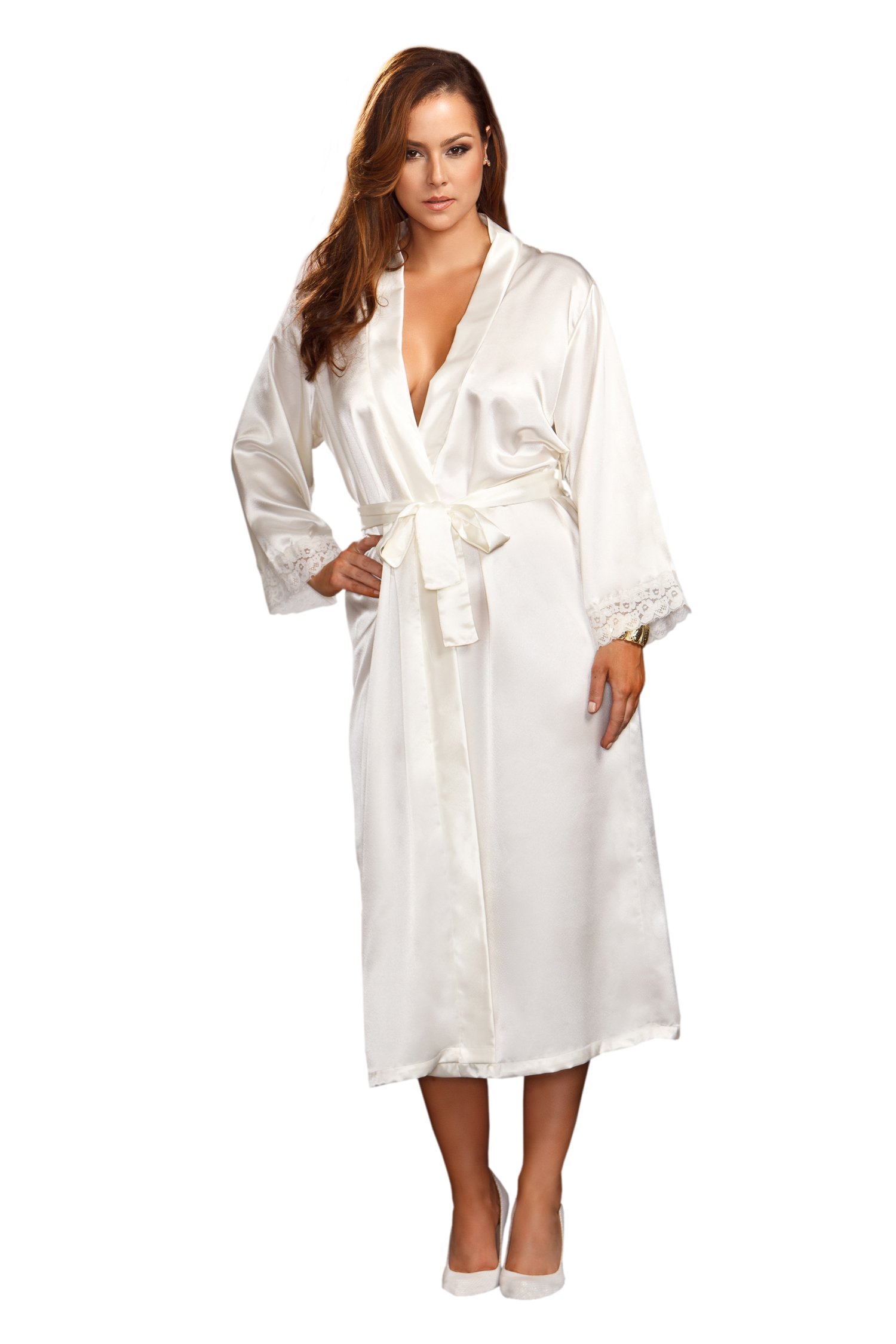 iCollection Women's Plus Size Long Robe-Lace Trim Cuffs