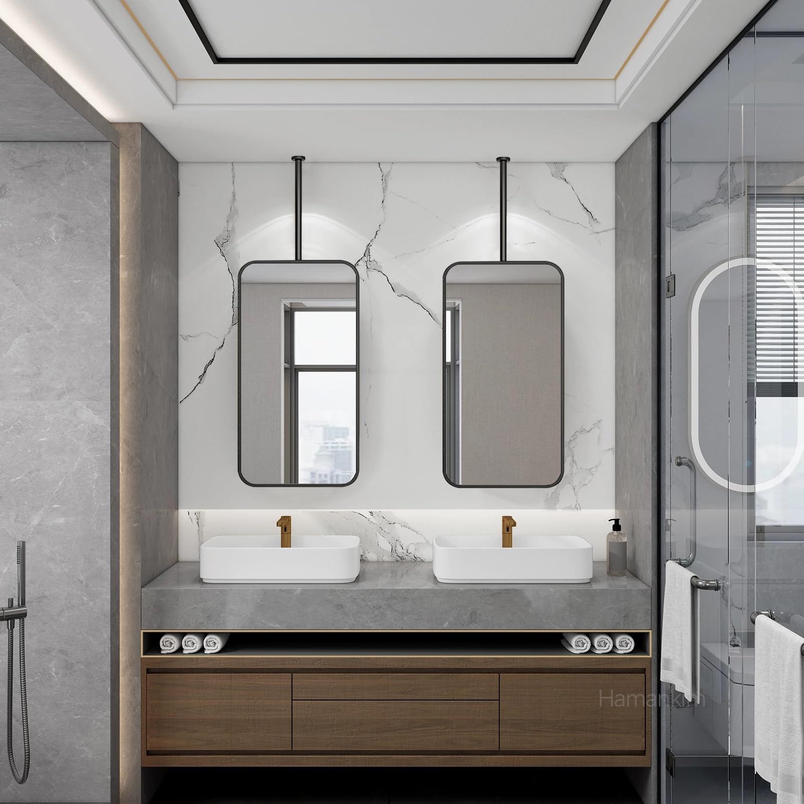 Naścienne lusterko do makijażu LED z metalową ramą i drążkiem do zawieszania na suficie - nowoczesny pływający design do sypialni salonu szatni toaletki i stacji do makijażu