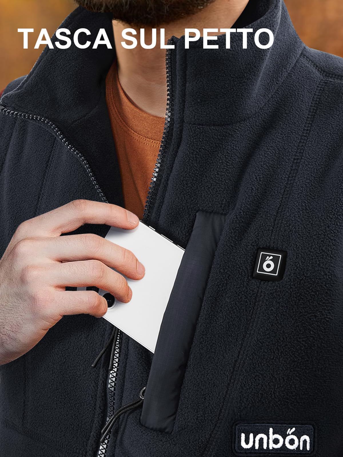 UNBON Gilet Riscaldato Uomo con Batteria USB 10000mAh, Giubbotto Riscaldato Uomo con 3 Temperatura 6 Zone di Calore, Gilet Riscaldante Pile Elettrico, Giacca Riscaldata per Moto Caccia