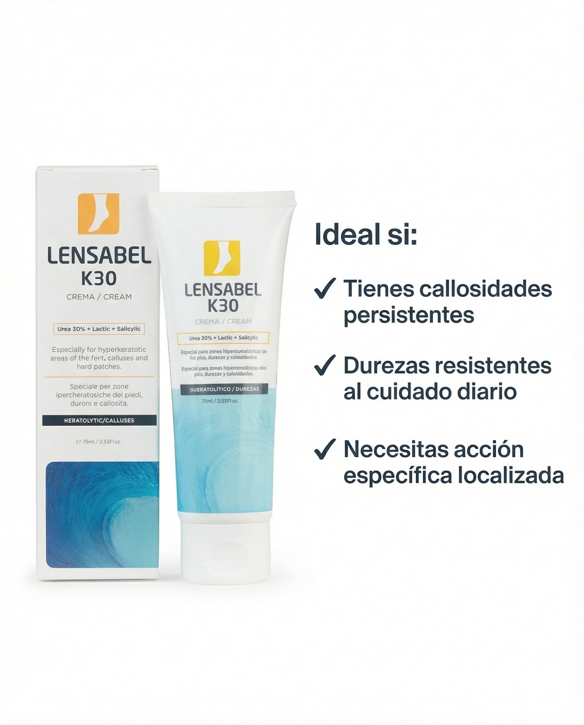Lensa K30 Crema Pies Urea 30% Ácido Salicílico Ácido Láctico Queratolítica Callos Durezas 75 ml