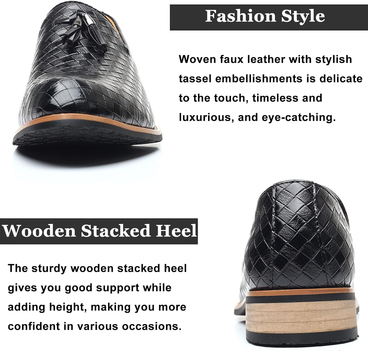 Men's Woven Leather Tassel Loafers Fashion Lightweight Slip On Low Block Heel Smoking Slipper Weeding Party Prom Dress Shoes for Men - Image 5