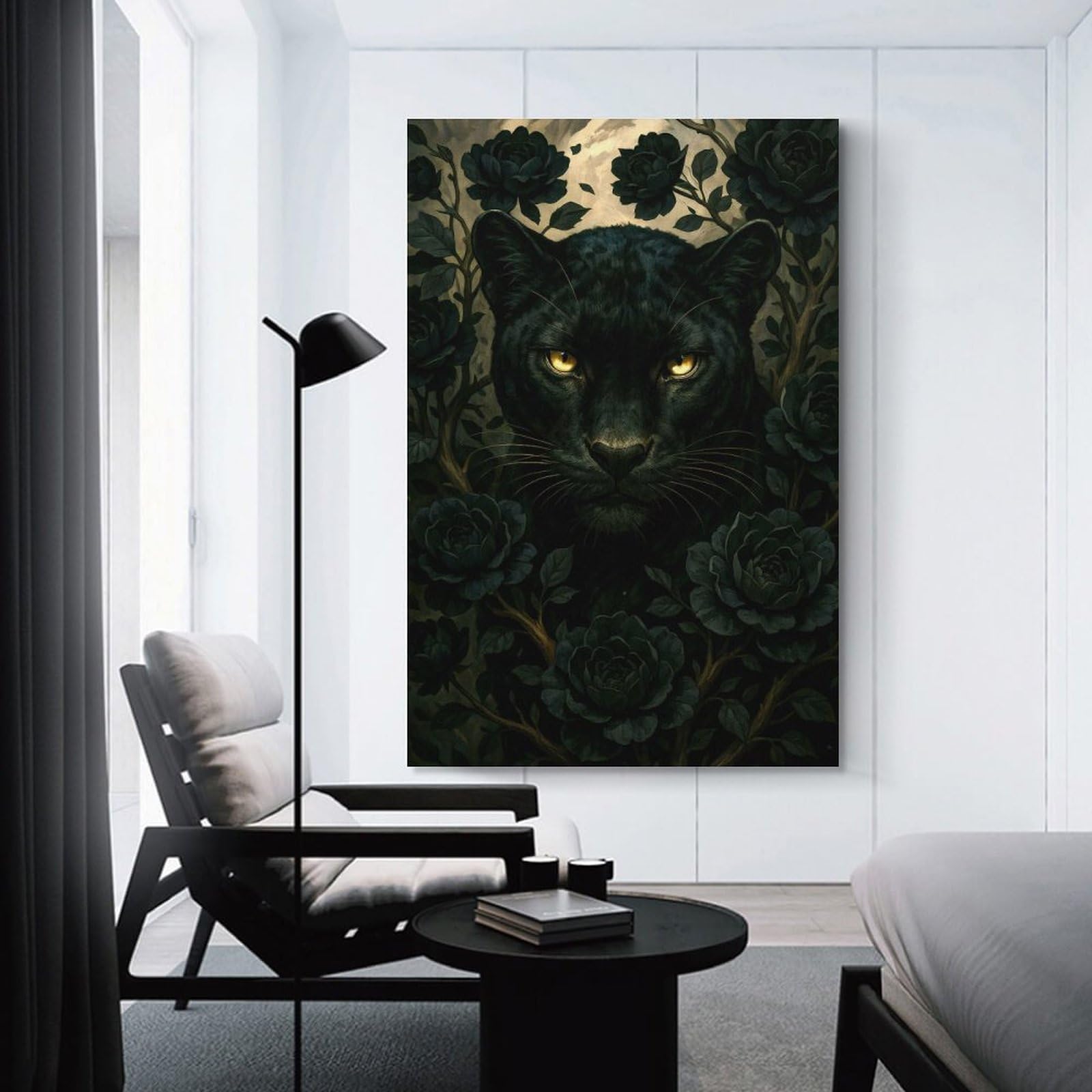Junmoney Black Panther Surrounded by Dark Roses Home Decor Wall Art 20x30inch(50x75cm), for Restful Interiors, Bedrooms Or Small Rooms, Decorative Wall Art for Cosy Rooms