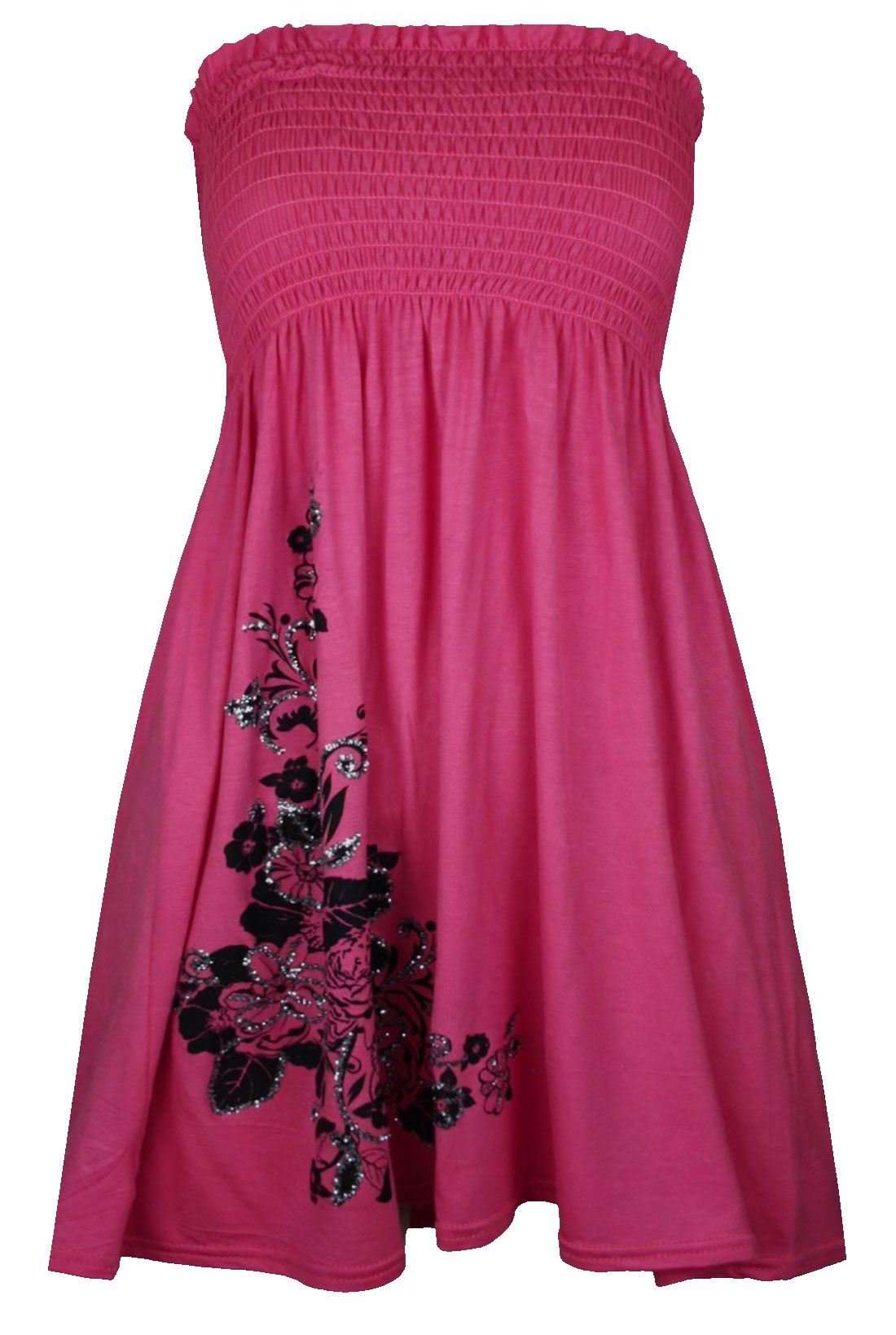 FAIRY TRENDZ Womens Flower Print Sheering Top Sleeveless Gather Bandeau Top Shirt Ladies Casual Summer Beach Top Fuchsia