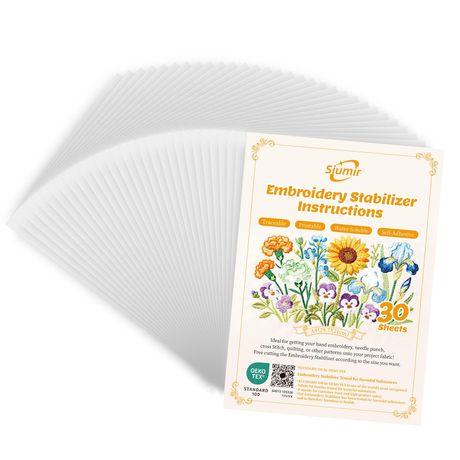 Siumir 30PCS Water Soluble Embroidery Paper, A4 8.27"x11.69" Sticky Embroidery Stabilizer with Transparent Backing, Dissolvable Traceable Printable Draw Patterns for Hand & Machine Embroidery