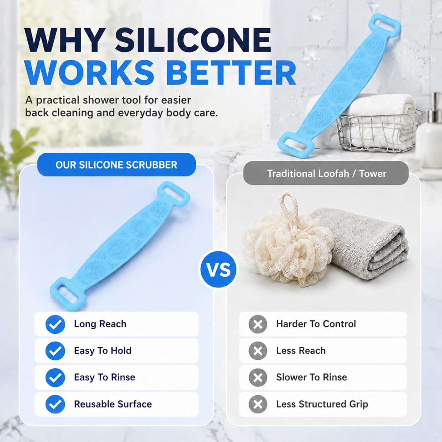 Silicone Bath Body Brush with Strong Tensile Strength ，Hangable Back Cleaning Bath Strap for Exfoliate & Massage，Easy to Clean, Unisex Body Scrubber (Blue)
