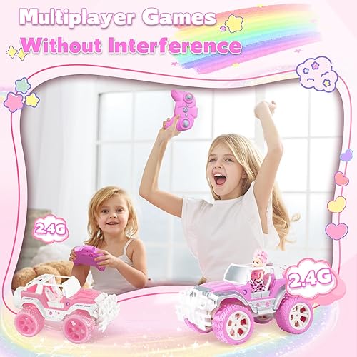 Miniatura 9 de Carox Auto a control remoto para niñas, auto RC rosa con muñeca para niñas de 4 a 10 años, 160 minutos con 2 baterías recargables, escala 116 de 2.4