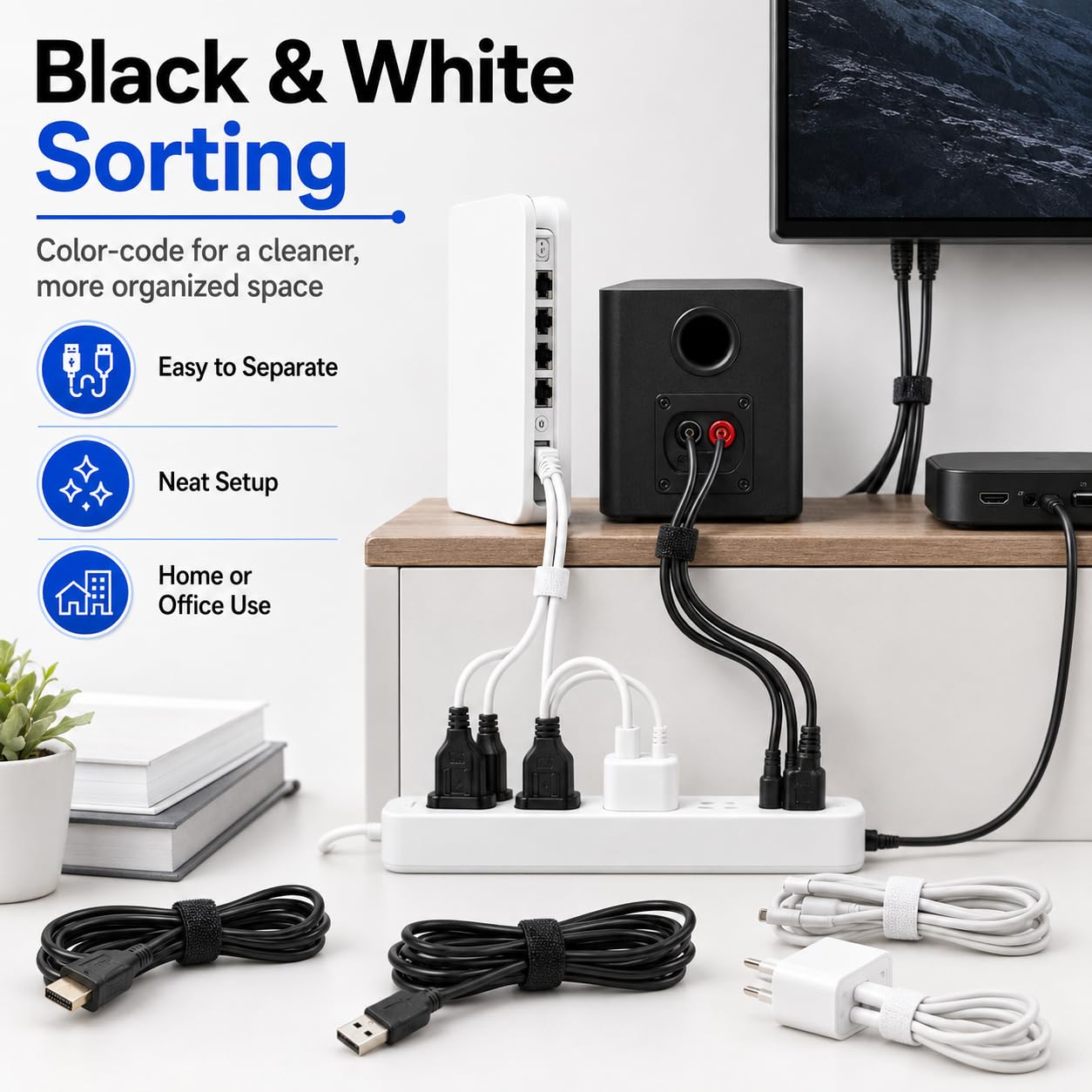 70 bridas para cables de computadora, bridas de alambre, bridas reutilizables para electrónica, bridas de microfibra de gancho y bucle para almacenamiento, blanco y negro, 4, 6, 8 pulgadas