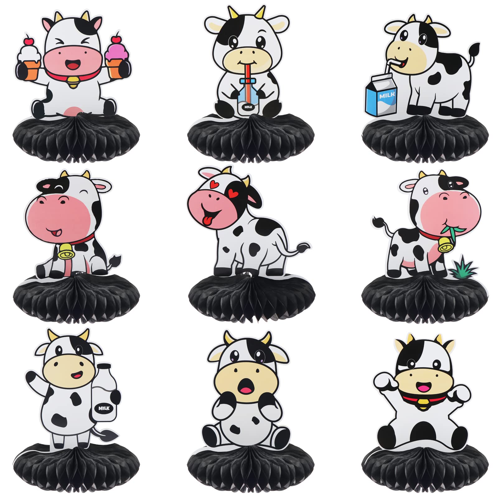 IYSHOUGONG 9Pcs Cow Honeycomb Centerpieces 3D Cow Table Topper Honeycomb Baby Cow Print Farm Animal Themed Party Supplies Paper Fan Cow Cutouts for Baby Shower Children's Party