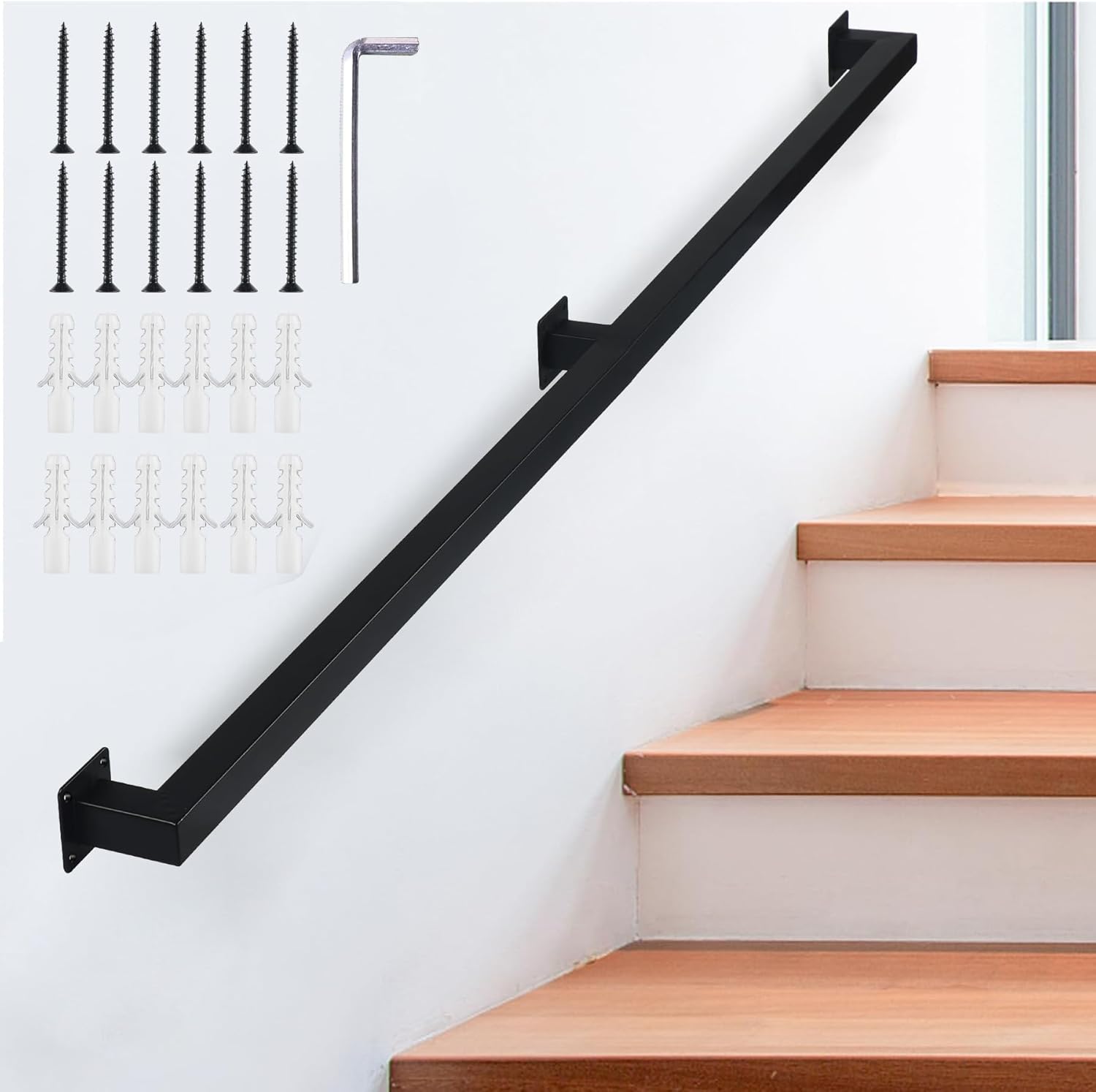 4FT Wall Mount Square Tube Handrail, Industrial Modern Stair Railing 500lbs Load Capacity Black Rail for Indoor Outdoor Steps, Non-Slip Decking Railing for Stairs Deck Loft Porch Corridor, 2 Sections