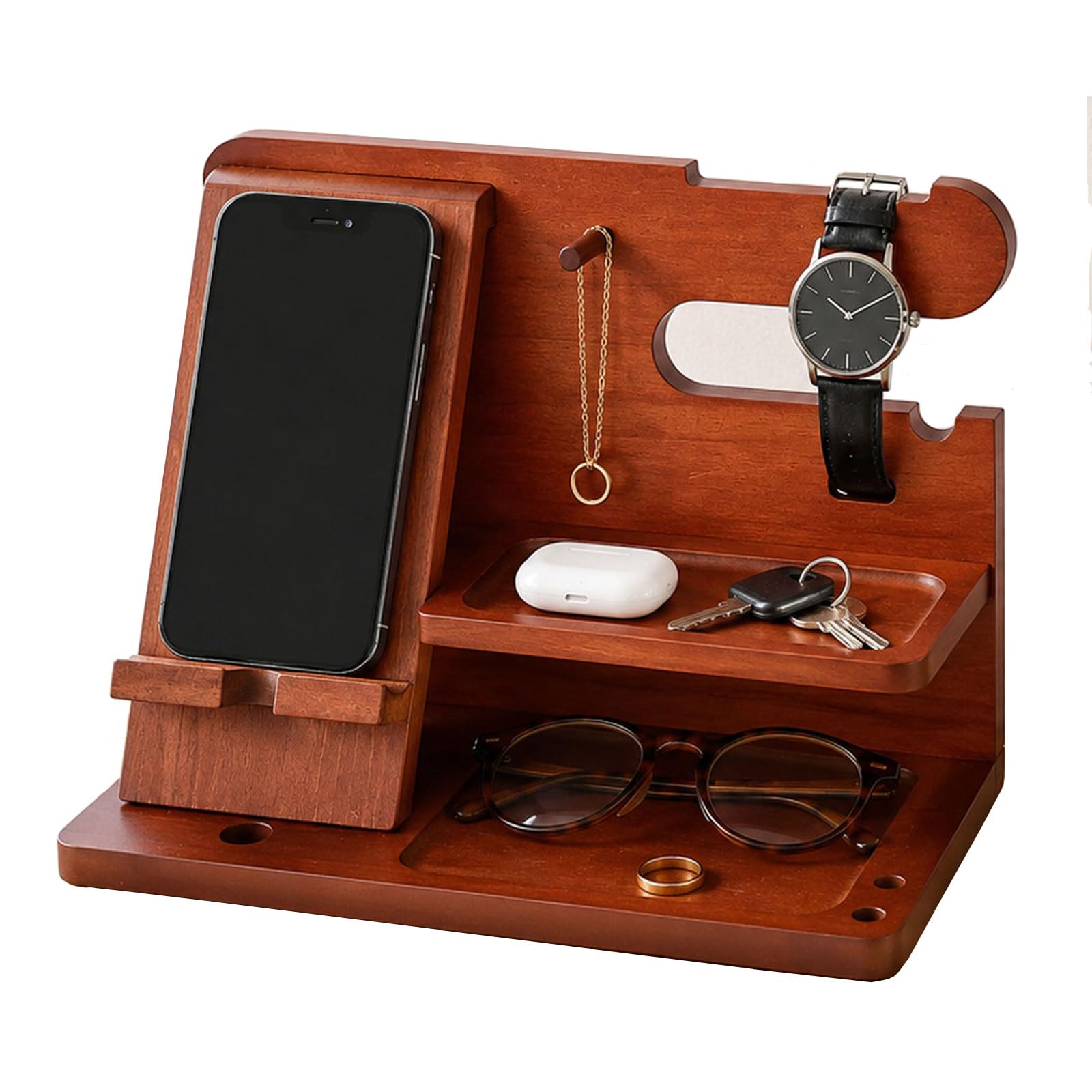 PSKJHN Entryway Key Organiser with Phone Stand, Solid Wood Valet Tray for Watch Wallet Glasses Ring Necklace Earbuds, Wooden Desktop Storage Rack for Hallway Bedroom Brown,25 * 14 * 17cm