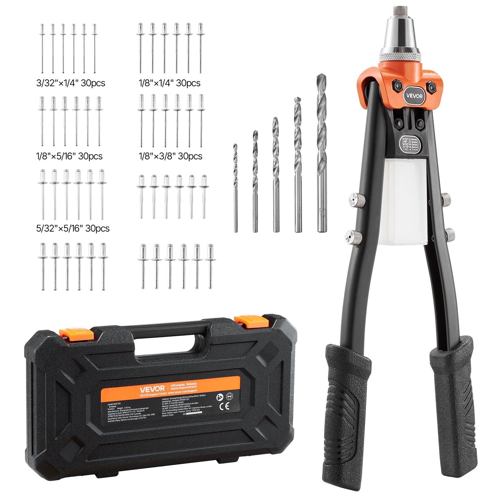 VEVOR Riveter Set with 230 Blind Rivets, 5 Interchangeable Nozzles, 5 Bits and Case, Manual for Metal DIY, Two Hands, 400 x 160 x 50 mm, for Lock Replacement