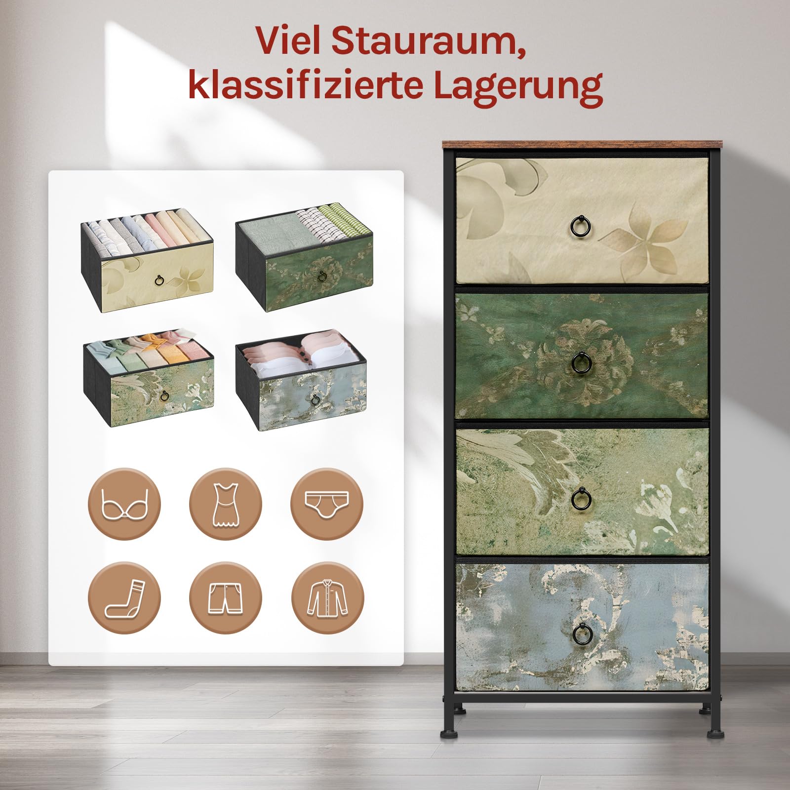 WOLTU Kommode mit 4 Schubladen aus Stoff, Sideboard Schubladenschrank, für Wohnzimmer Schlafzimmer Flur, Rustikales Braun mit Vintage-Blumenmotiv, 45x95x30 cm, SSK011pw