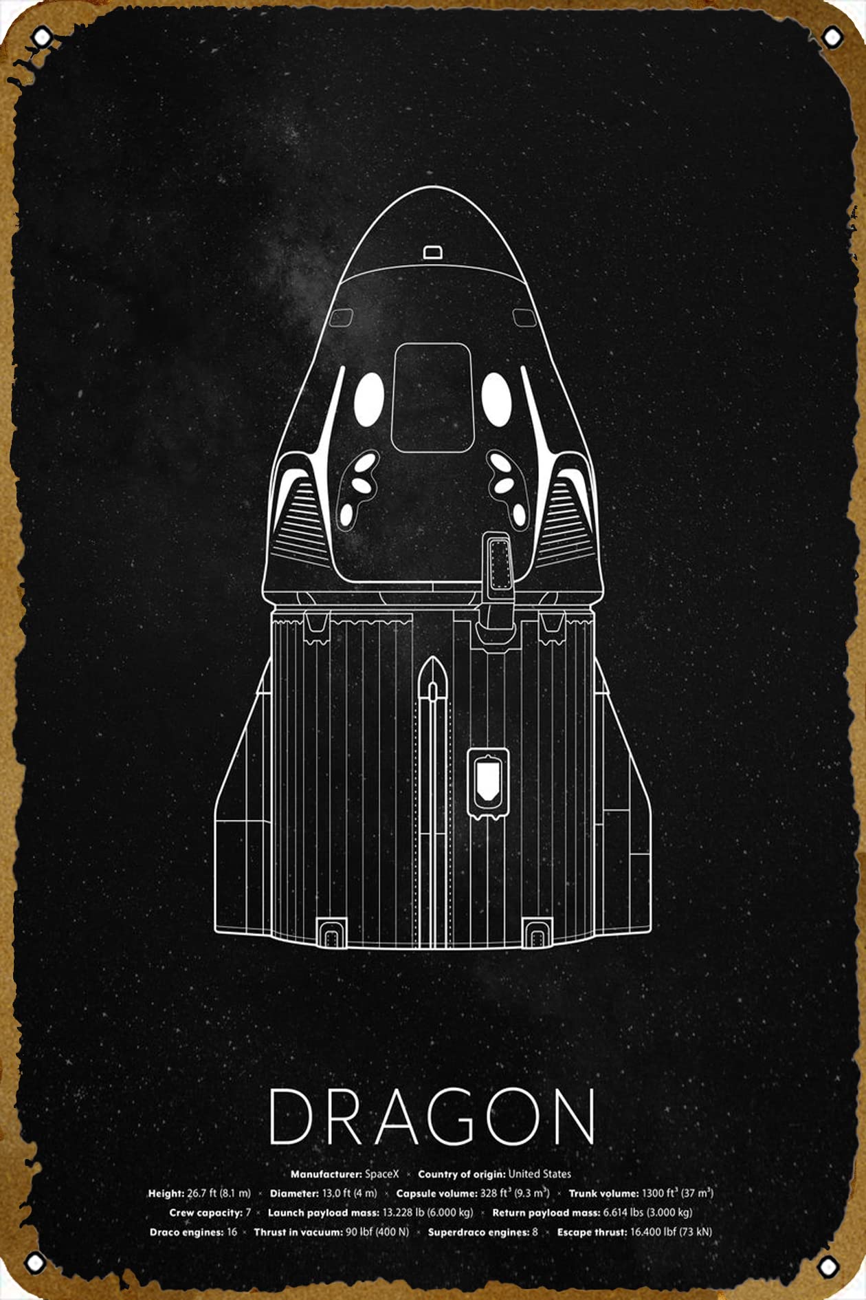 SpaceX Crew Dragon 2 Vintage Metal Tin Sign Retro Poster Design for Cafes Bar Pub Beer Club Wall Home Decor 12x8 Inch