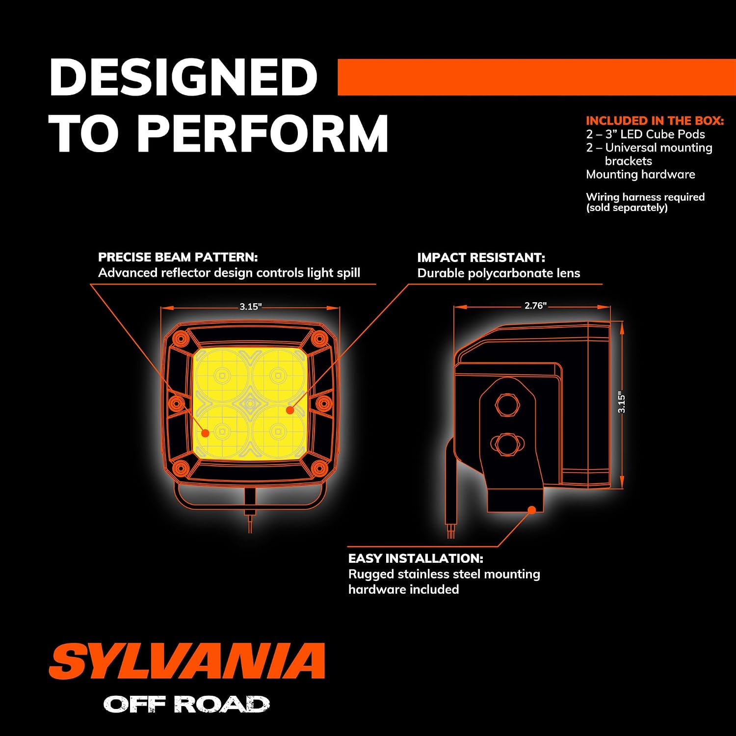 SYLVANIA - Ultra 3 Inch Cube LED Light Pod - Lifetime Limited Warranty - Yellow Spot Light 2600 Raw Lumens, Off Road Driving Work Light, Truck, Car, Boat, ATV, UTV, SUV, 4x4 (2 PC)