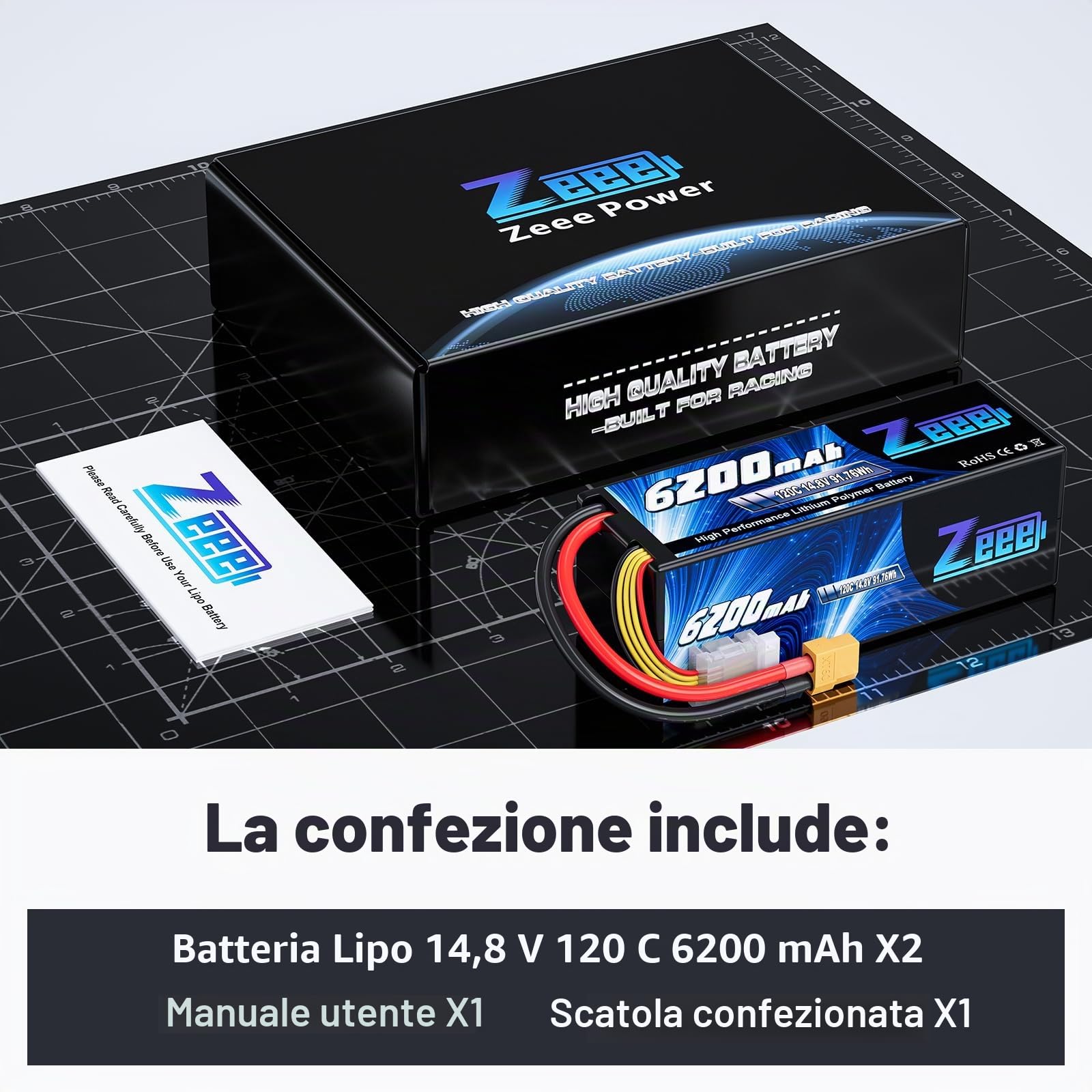Zeee 4S Lipo 14,8V 120C 6200mAh Batteria RC con connettore XT60 (2 pezzi) | Batteria RC per auto RC, camion, carro armato, buggy, truggy