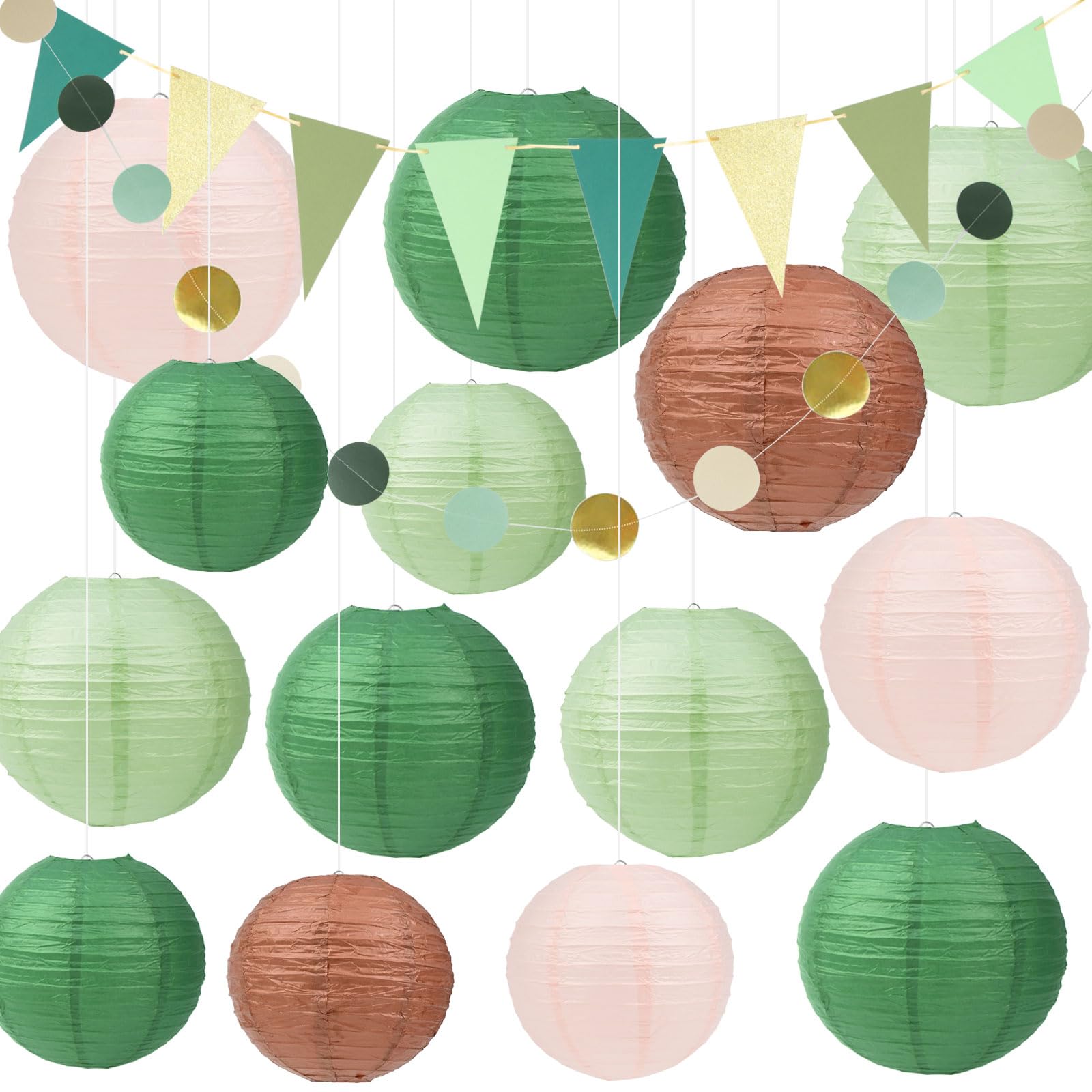 TEUYOE 16 Pcs Party Decorations Paper Lanterns Set, Green Brown Hanging Paper Lantern for Green Boho Wedding, Lantern for Wedding, Christening,Communion, Birthday Party Decoration