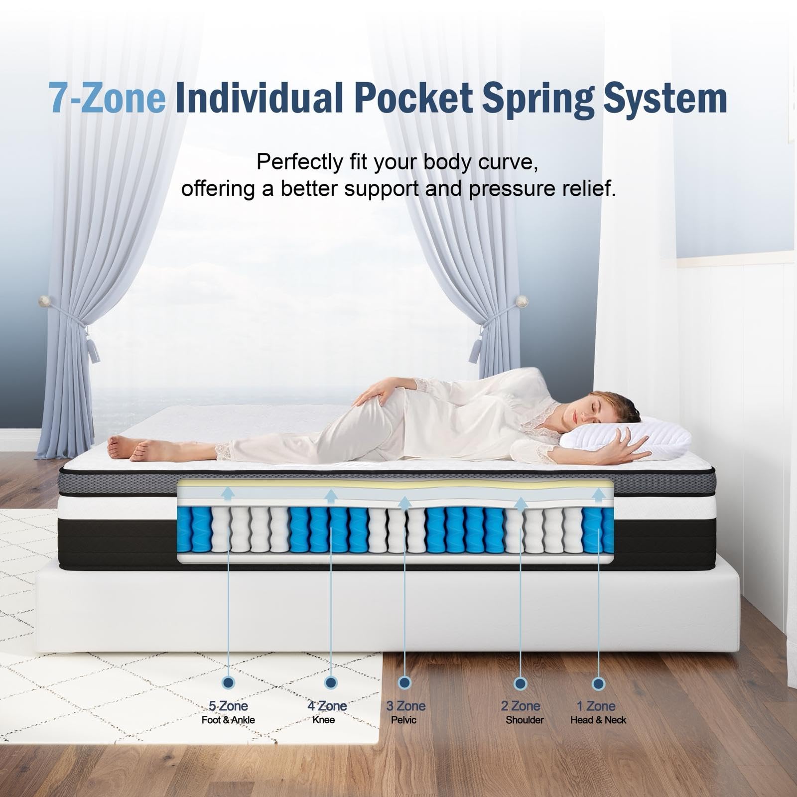 Azure - Colchón doble de 135 x 190 x 25 cm, colchón ortopédico híbrido de 10 pulgadas con espuma viscoelástica de gel, muelles ensacados de 7 zonas, soporte de alivio del dolor de espalda de firmeza
