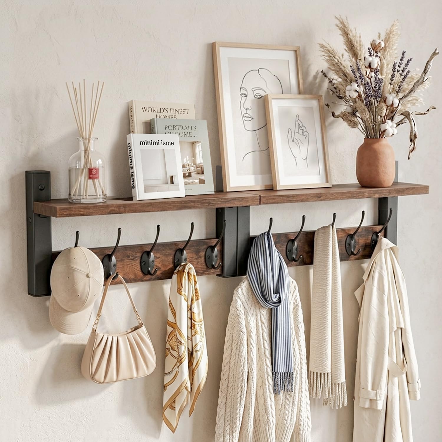 87cm Rustikalbraun Wandgarderobe mit Ablage, 2er Set Wandregal in einem Paket, Metallrahmen & Holz, 10 Haken. Vielseitige wandmontierte Garderobe für Flur, Schlafzimmer, Mäntel, Hüte.