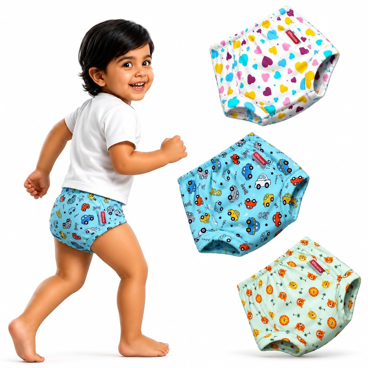 VParents Padded Underwear for Babies and Toddlers with 3 Layers of Cotton Padding Potty Training Pull Up & Diaper-Free Time (3-4 Years) PO3 Fruit, Car & Heart Multicolour-image-13