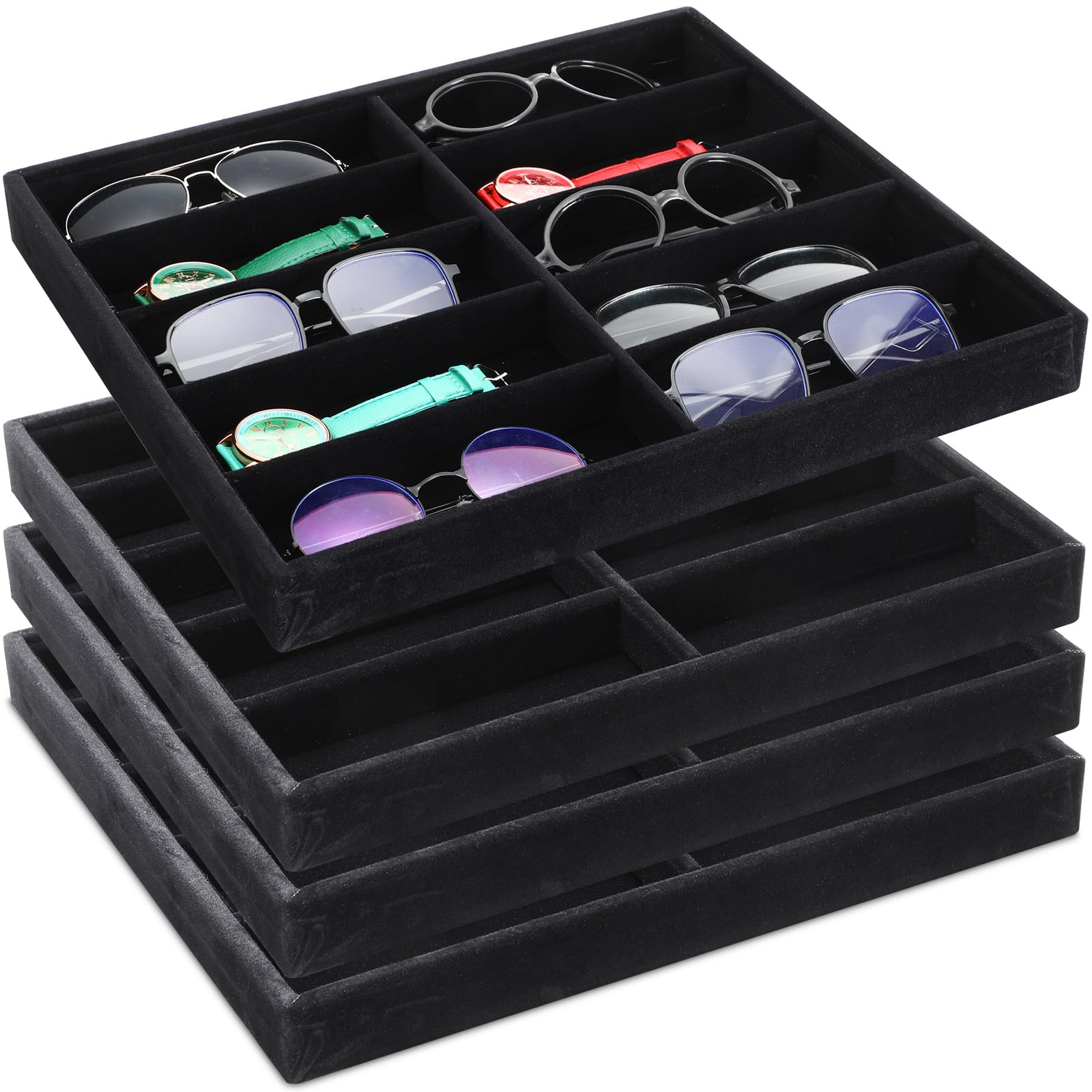 Batiyeer Lot de 4 plateaux de rangement empilables en velours pour lunettes de soleil et montres - 10 compartiments (noir)