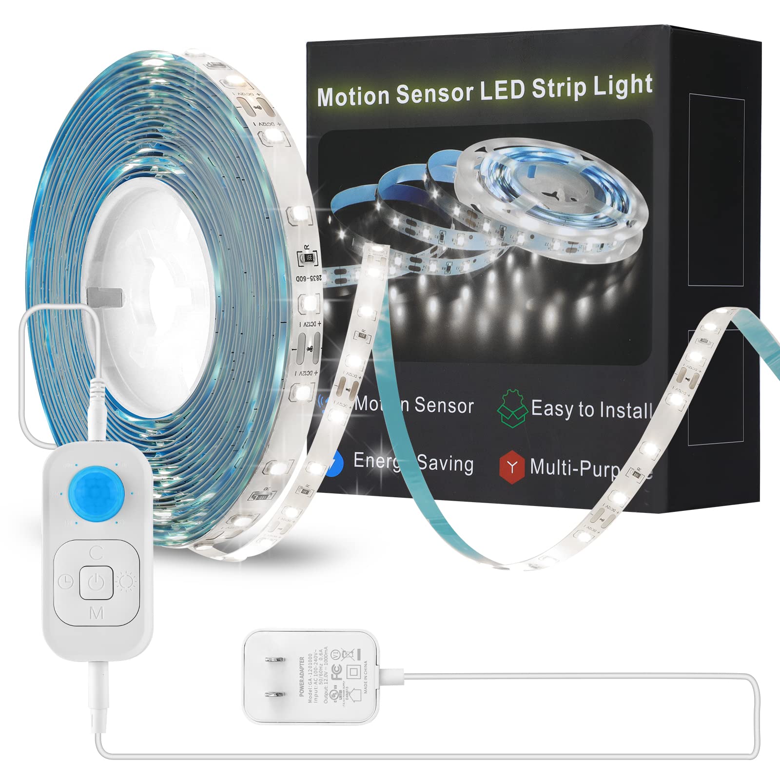 Striscia luminosa a LED con sensore di movimento - Striscia luminosa a LED per armadio con spina da 24 W, dimmer e temporizzazione, 16,5 piedi 6000 K, bianco freddo