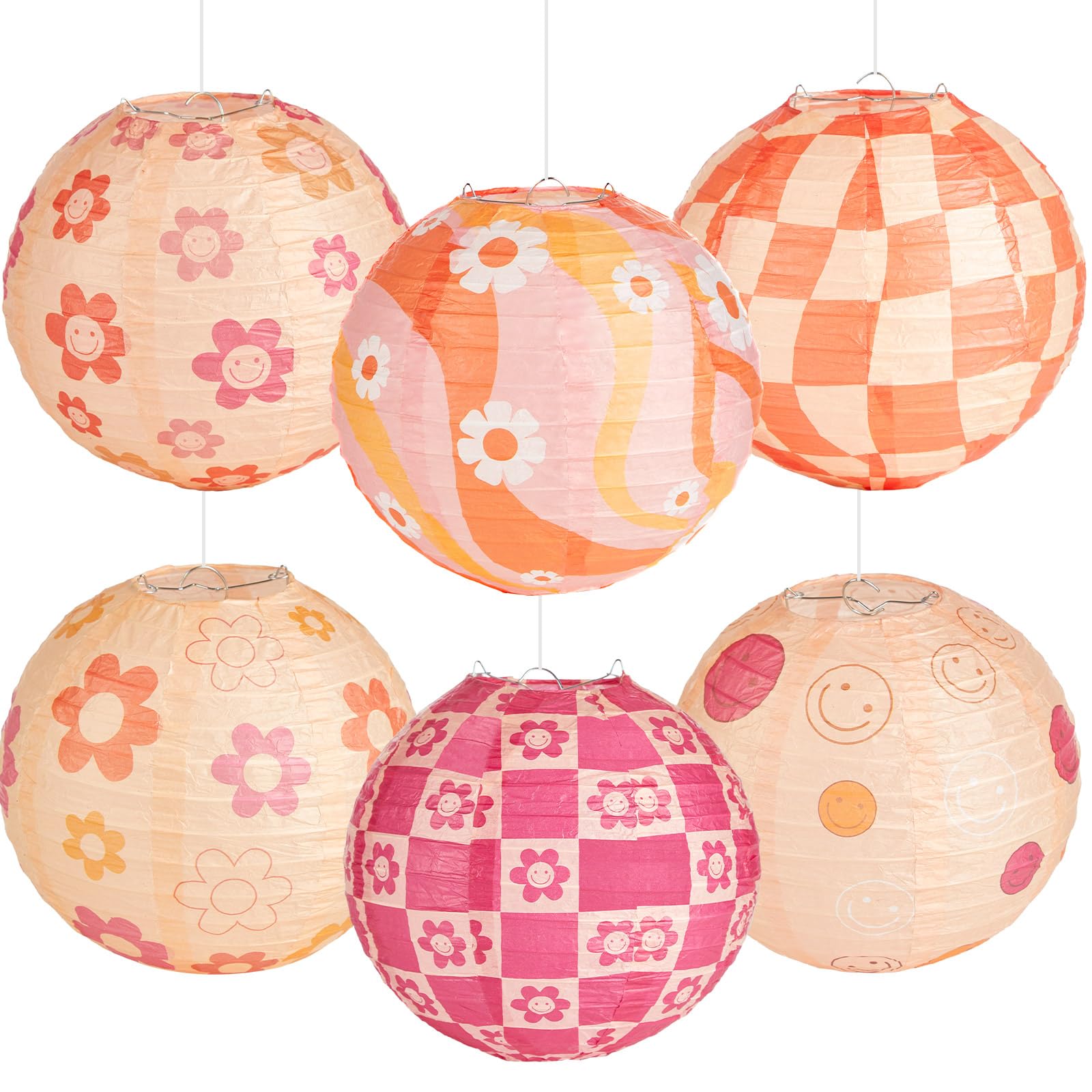 6 PCS Groovy Boho Hanging Paper Lanterns Boho Retro Party Decorations, Hippie Ceiling Hanging Decorations for Classroom, Wedding Baby Shower Birthday Party Home Back to School Decor