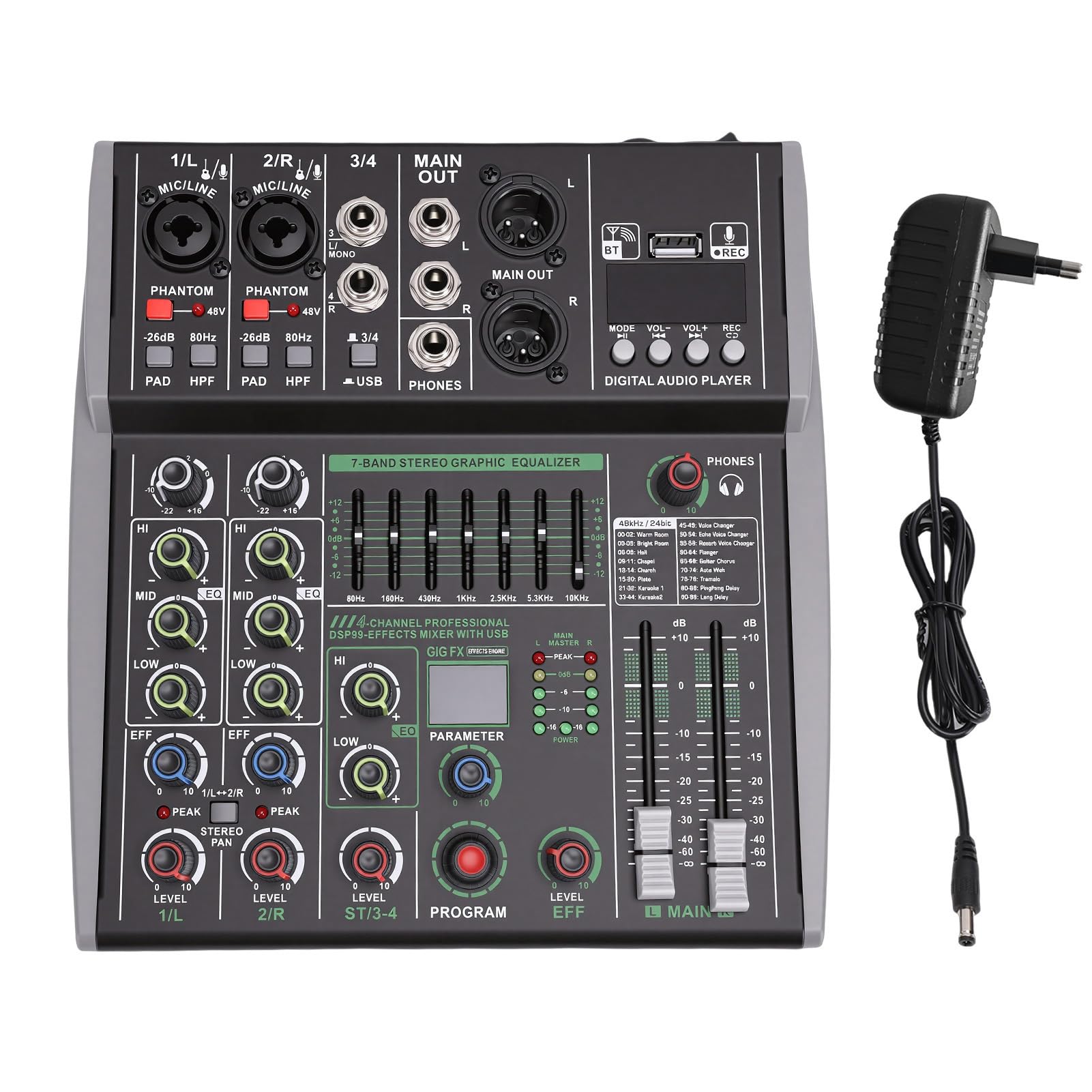 Mezclador de DJ Bluetooth de 4 Canales Consola de Mezcla de Audio, 99 Efectos EQ de 7 Bandas, Interfaz USB de Alimentación Fantasma de 48 V para Grabación en Karaoke Podcast (Enchufe de la