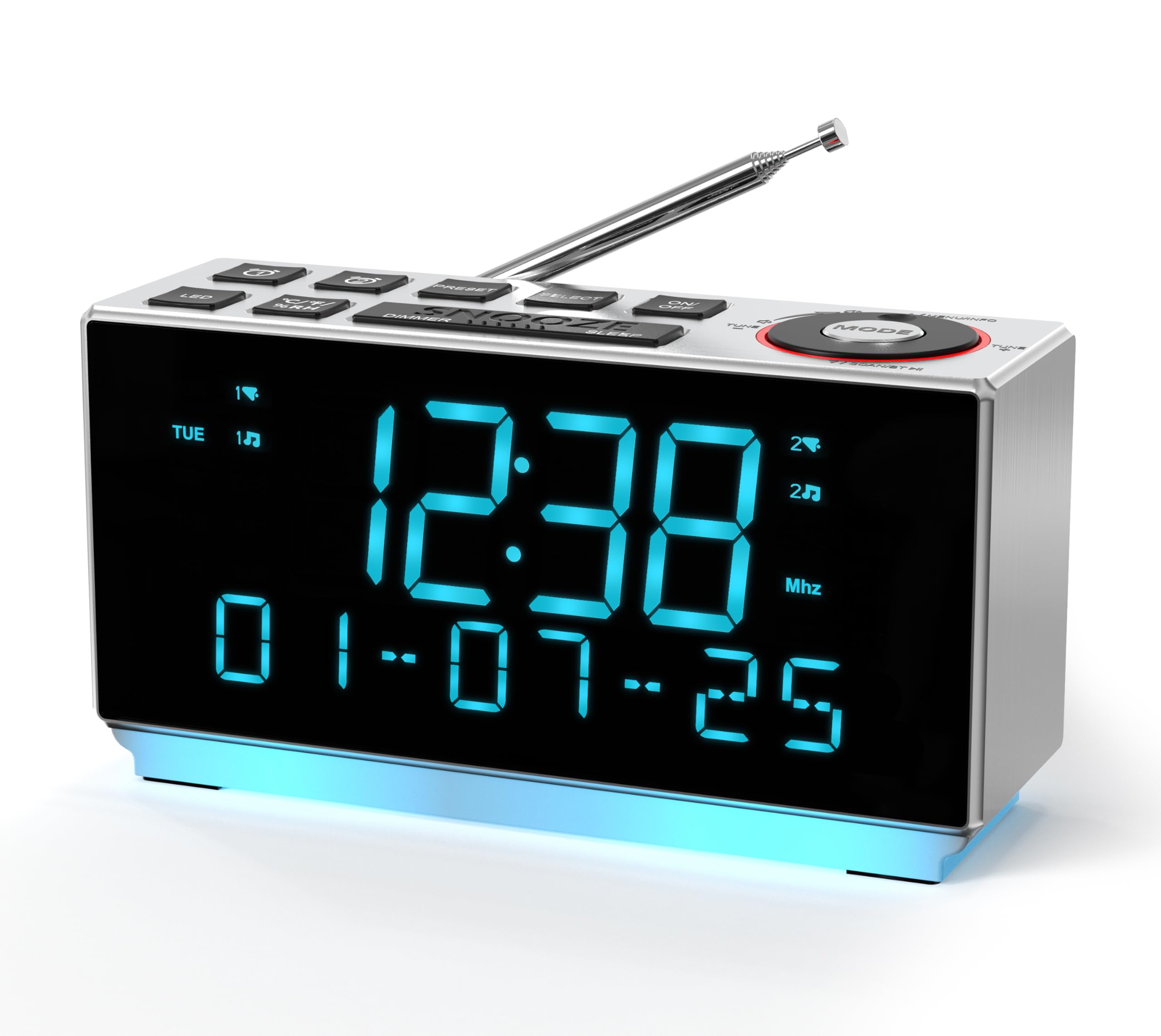 Radio despertador DAB+ y FM con Bluetooth, 40 preajustes, auriculares, alarma dual con repetición y temporizador de sueño, dos puertos de carga, regulable, indicador de humedad de temperatura