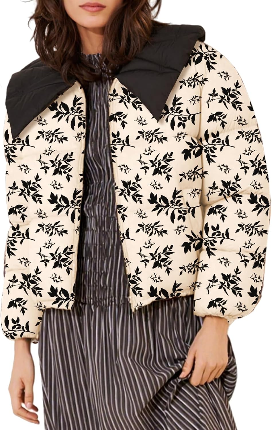 Womens Printed Quilted Puffer Jackets Peter Pan Collar Zip Padded Puffy Jacket Coat with Pockets Drawstring Hem - Image 7